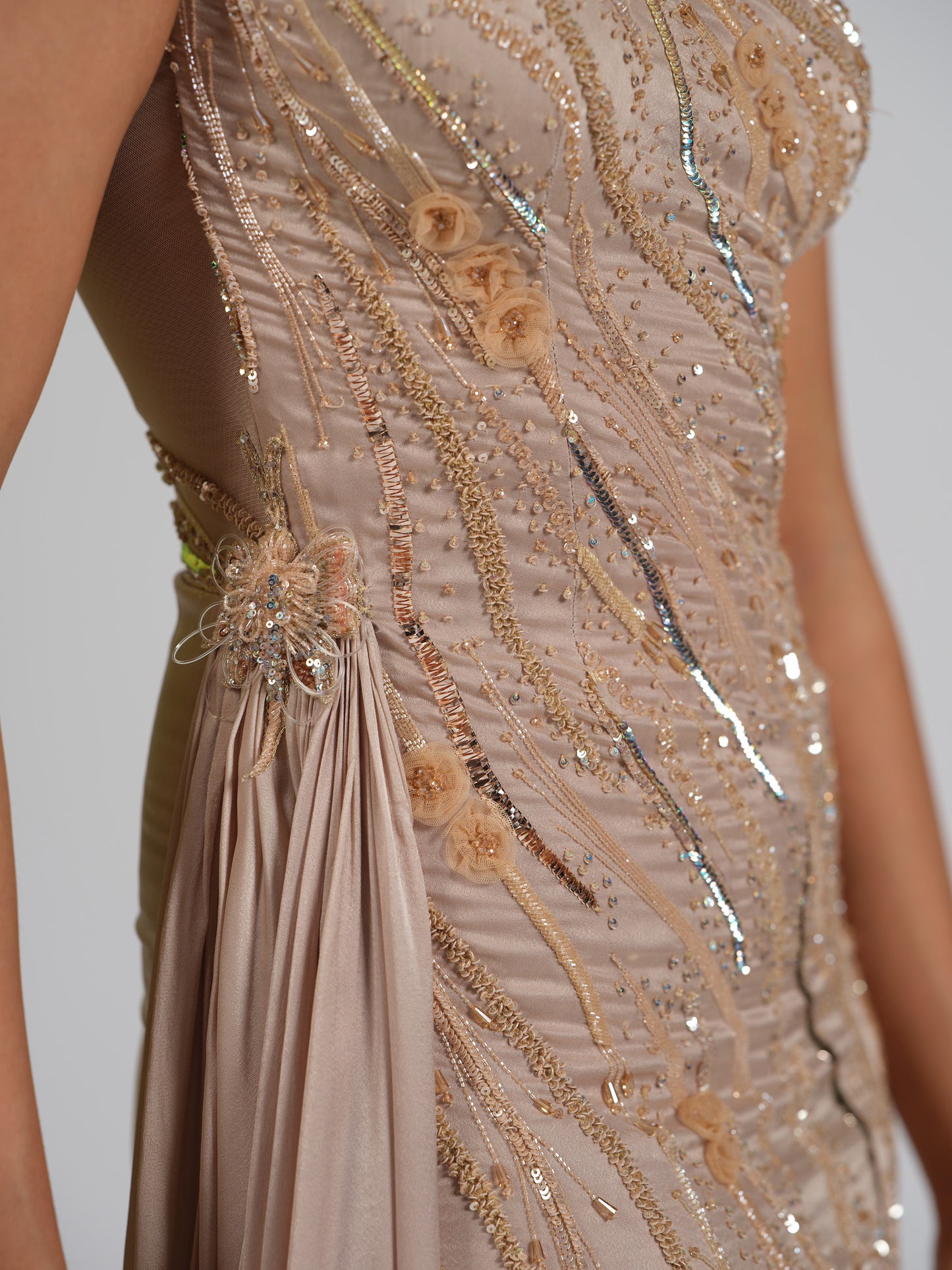 Duchess Nude Fully Embellished Gown With Side Trail With Butterfly Detailing