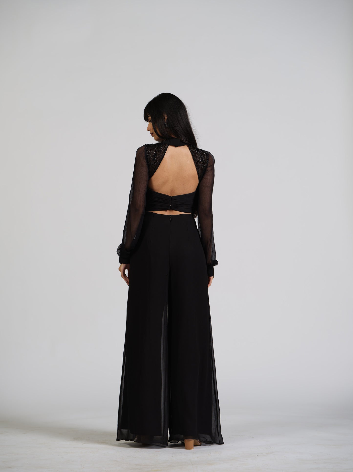Maven Black Flared Jumpsuit With Embroided Yoke And Puffed Full Sleeves