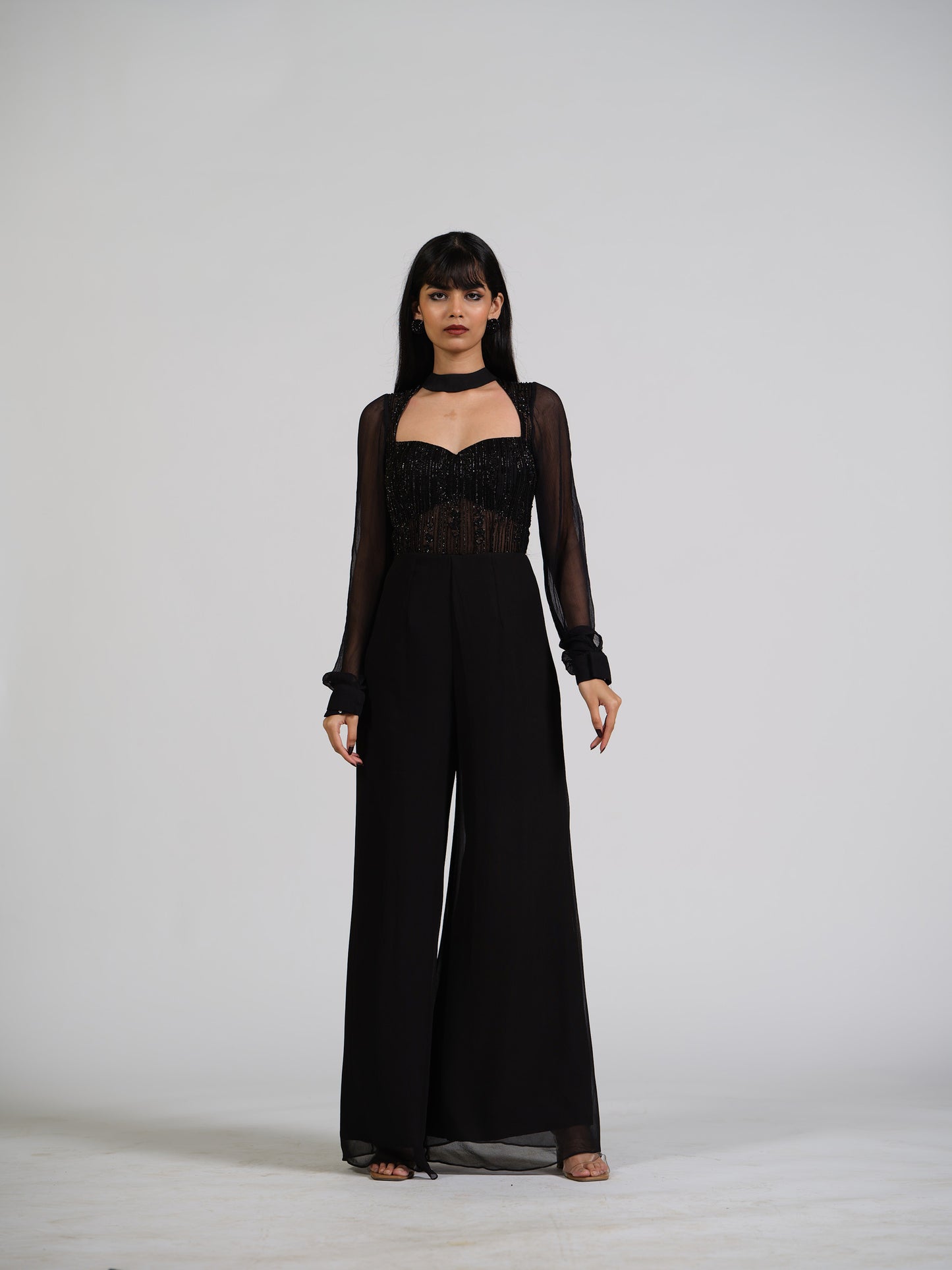 Maven Black Flared Jumpsuit With Embroided Yoke And Puffed Full Sleeves