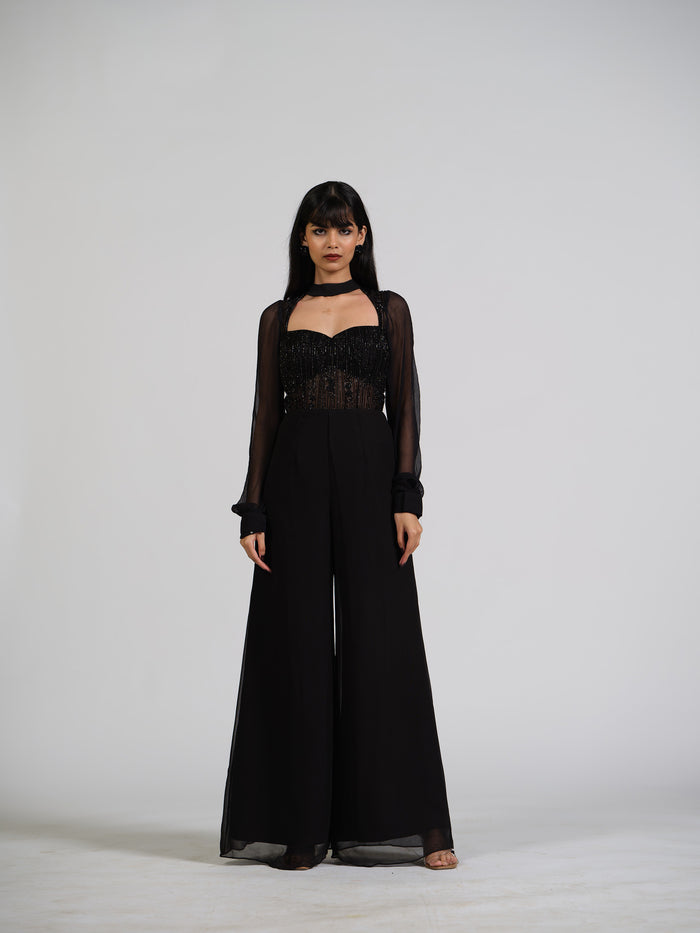 Maven Black Flared Jumpsuit With Embroided Yoke And Puffed Full Sleeves