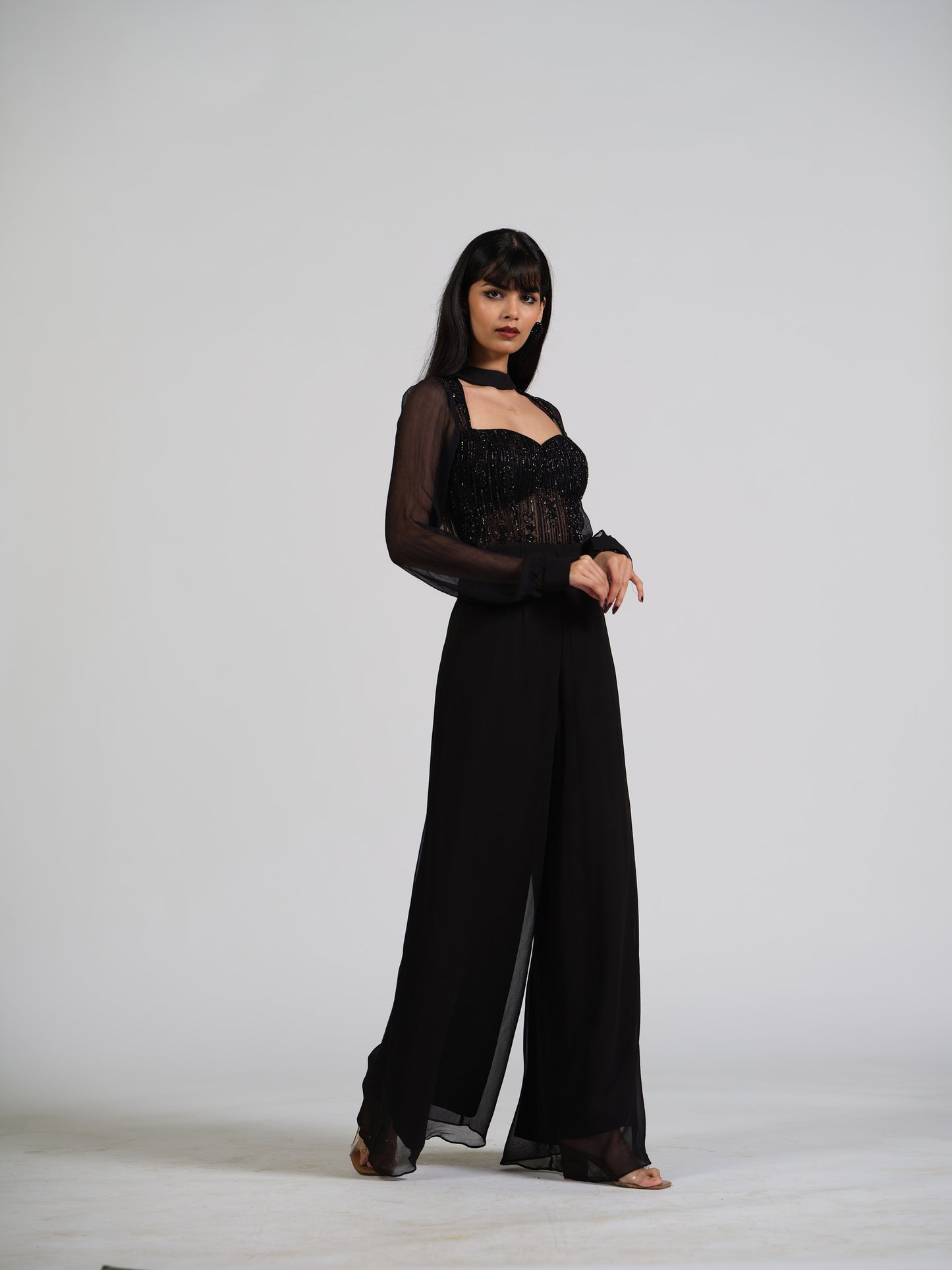 Maven Black Flared Jumpsuit With Embroided Yoke And Puffed Full Sleeves