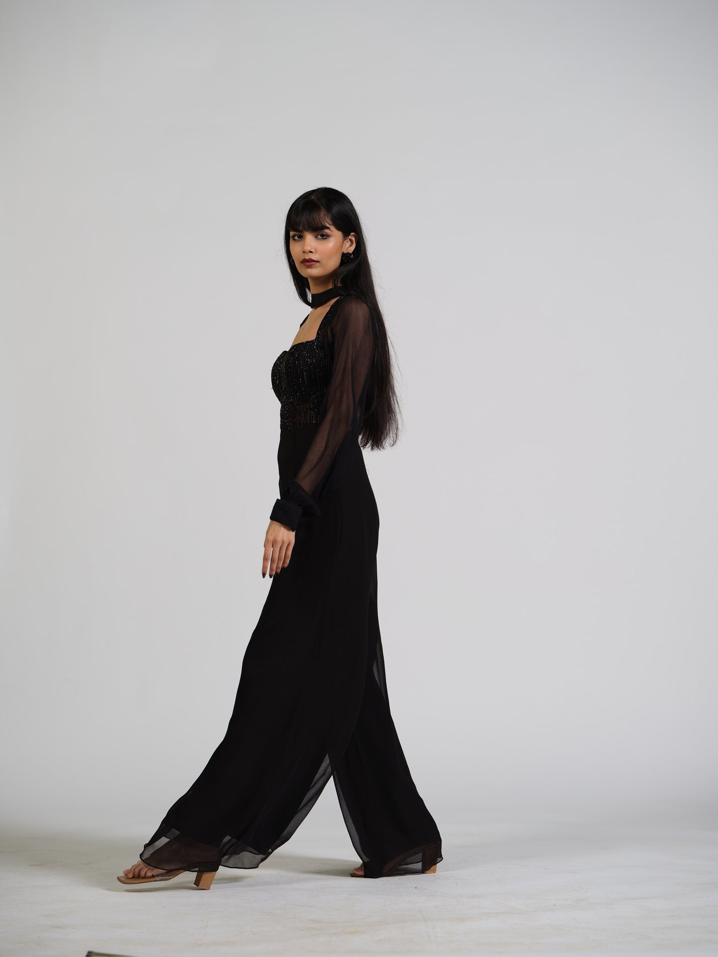 Maven Black Flared Jumpsuit With Embroided Yoke And Puffed Full Sleeves