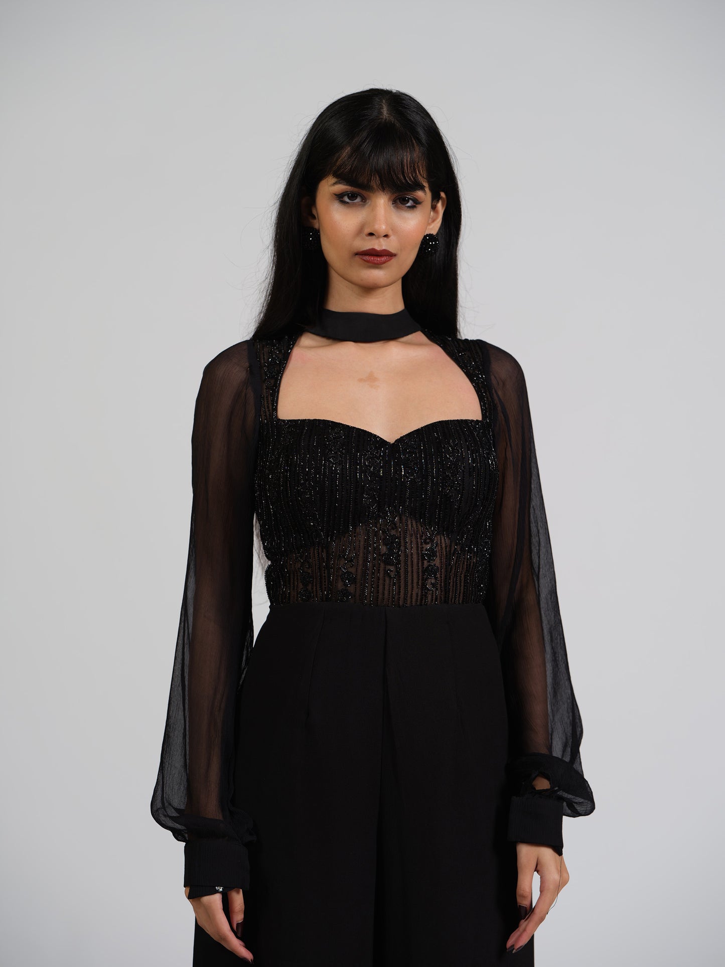 Maven Black Flared Jumpsuit With Embroided Yoke And Puffed Full Sleeves