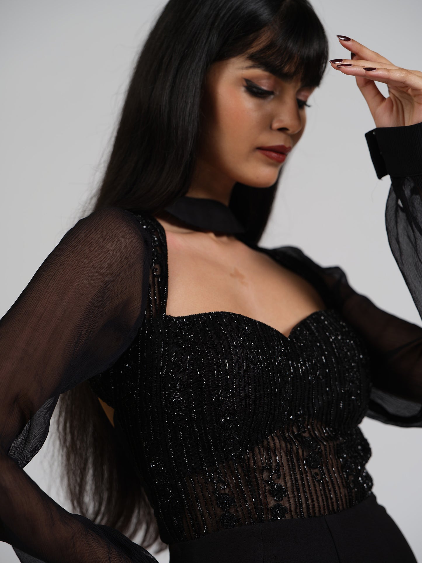 Maven Black Flared Jumpsuit With Embroided Yoke And Puffed Full Sleeves