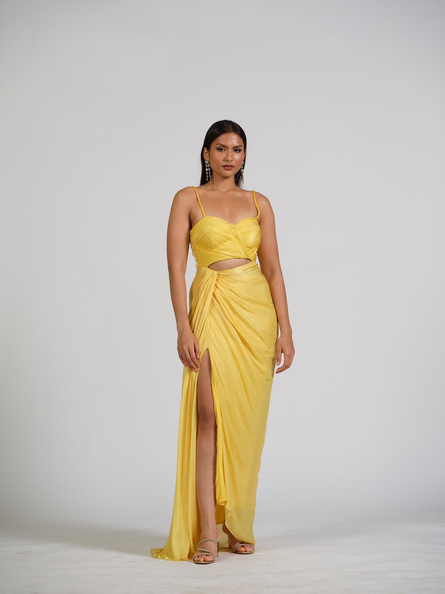 Queenpin Yellow Drape Gown With Draped Bustier And Side Drape Bottom