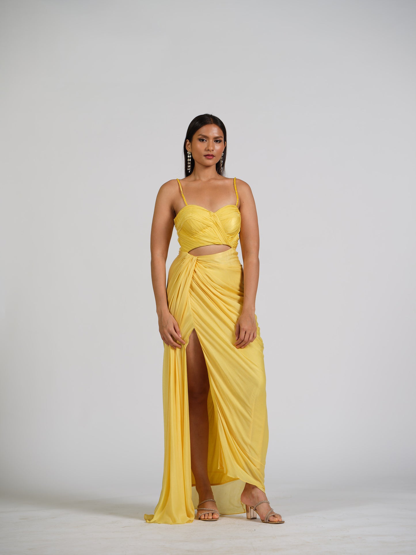 Queenpin Yellow Drape Gown With Draped Bustier And Side Drape Bottom