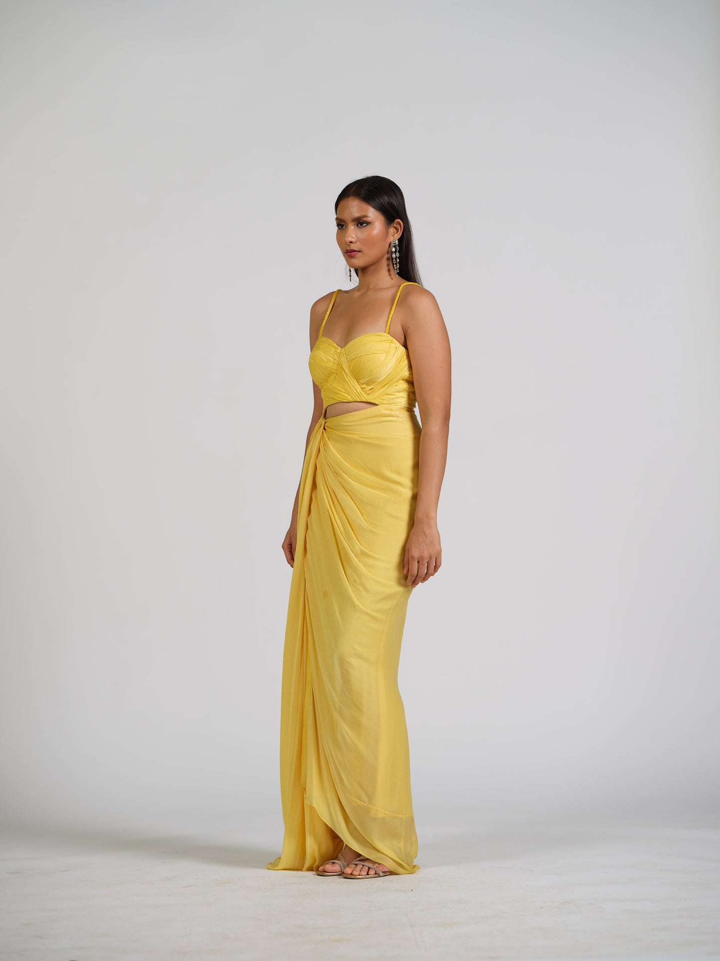 Queenpin Yellow Drape Gown With Draped Bustier And Side Drape Bottom