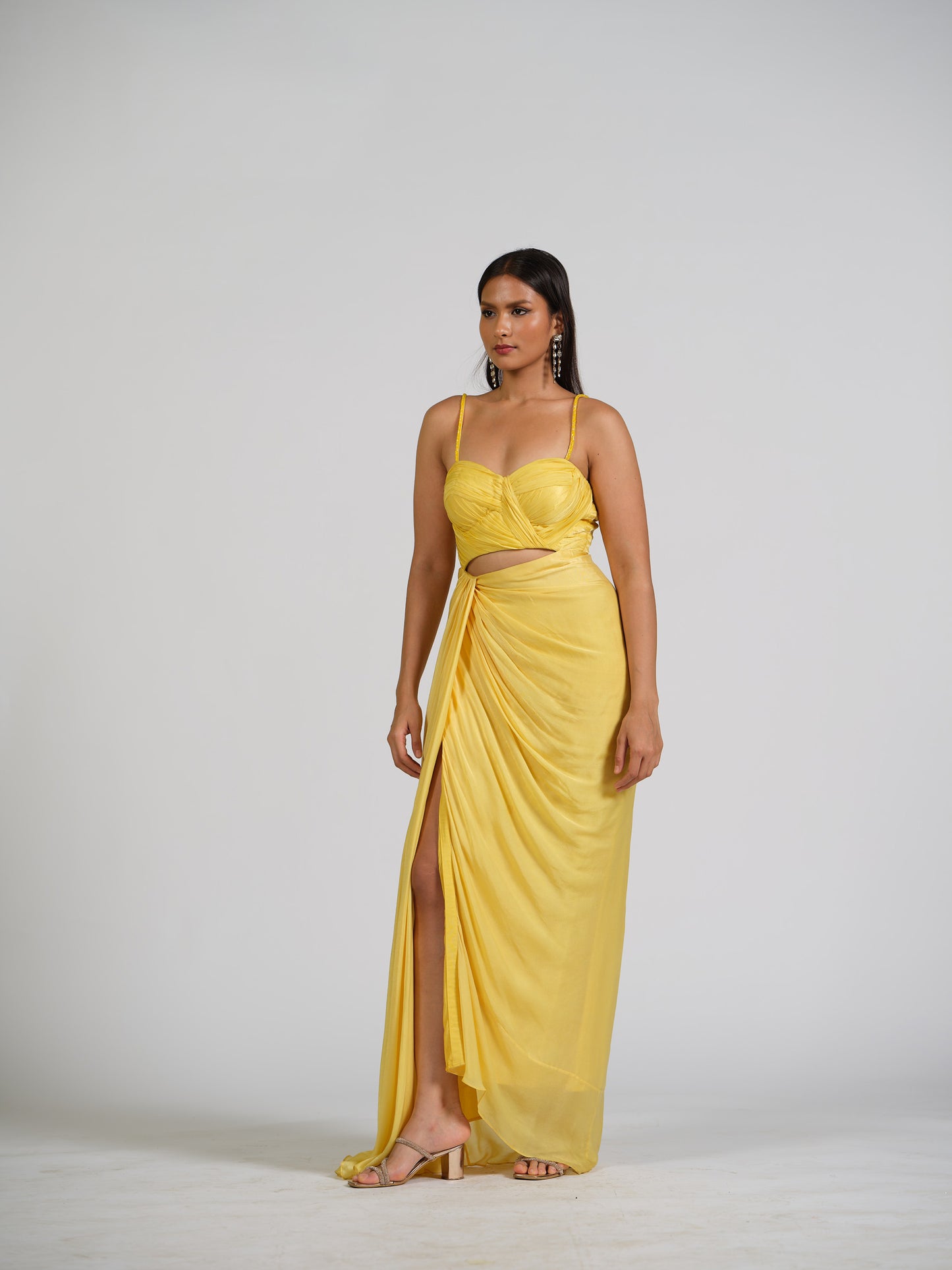 Queenpin Yellow Drape Gown With Draped Bustier And Side Drape Bottom