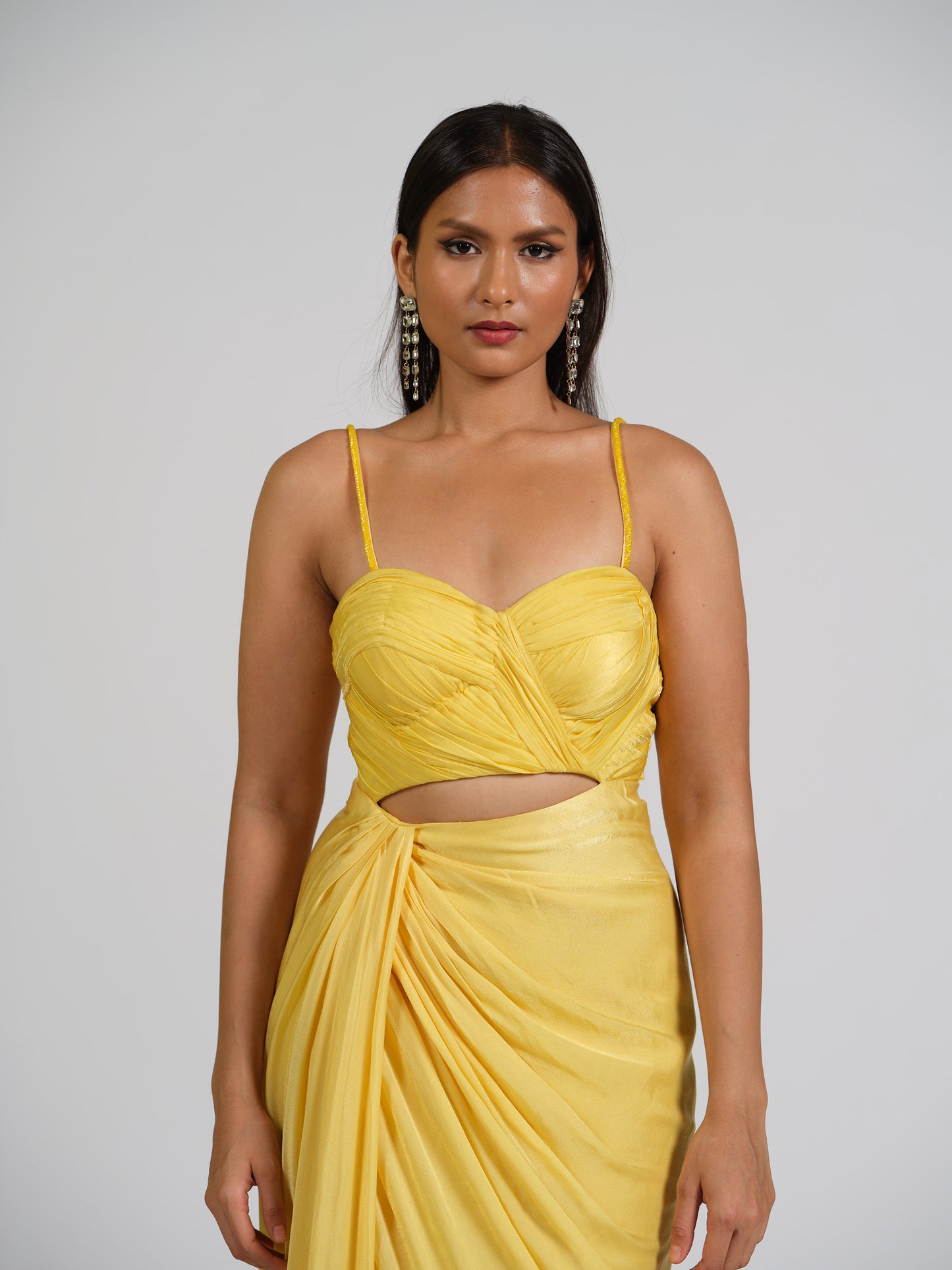 Queenpin Yellow Drape Gown With Draped Bustier And Side Drape Bottom