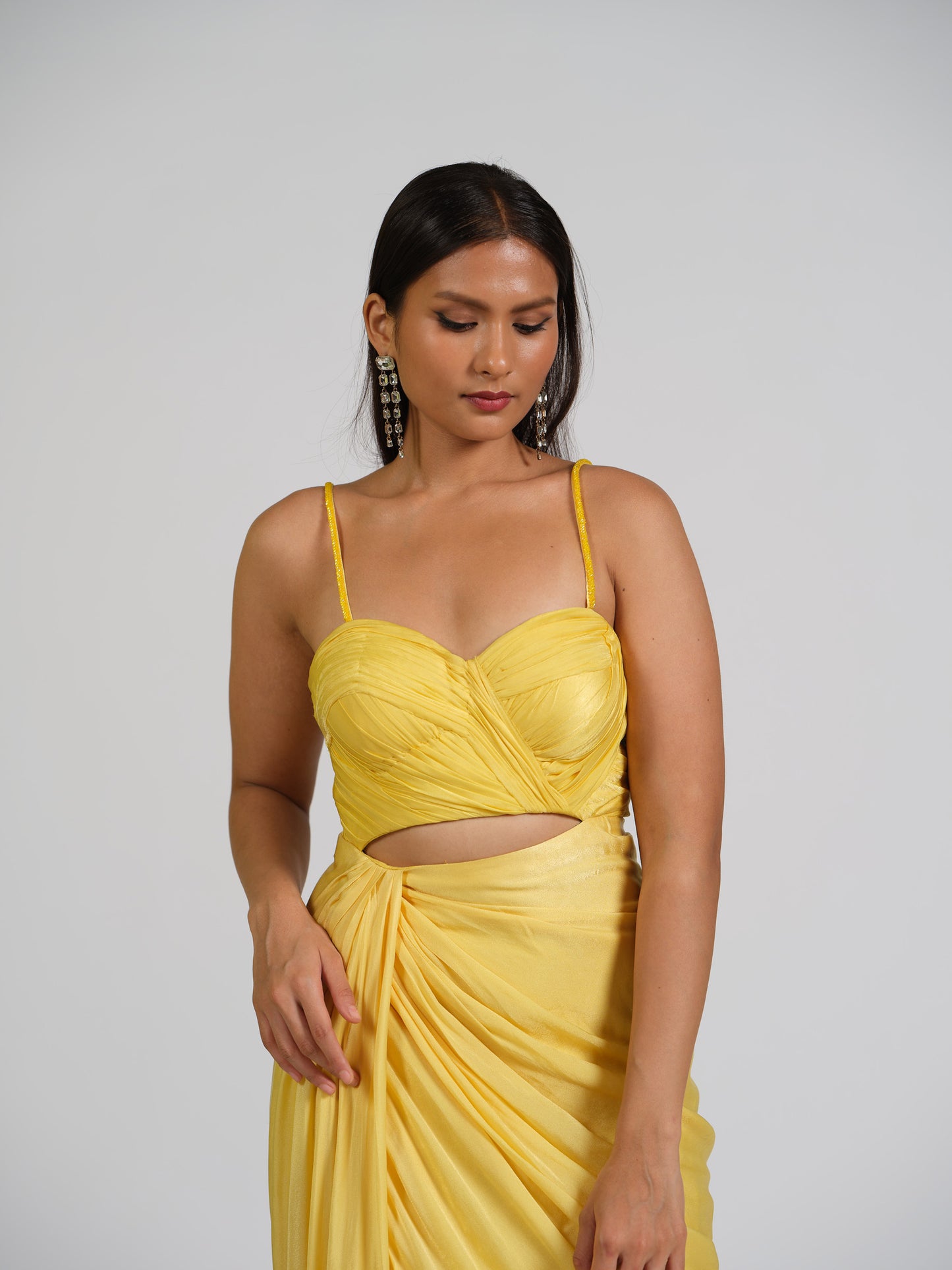 Queenpin Yellow Drape Gown With Draped Bustier And Side Drape Bottom
