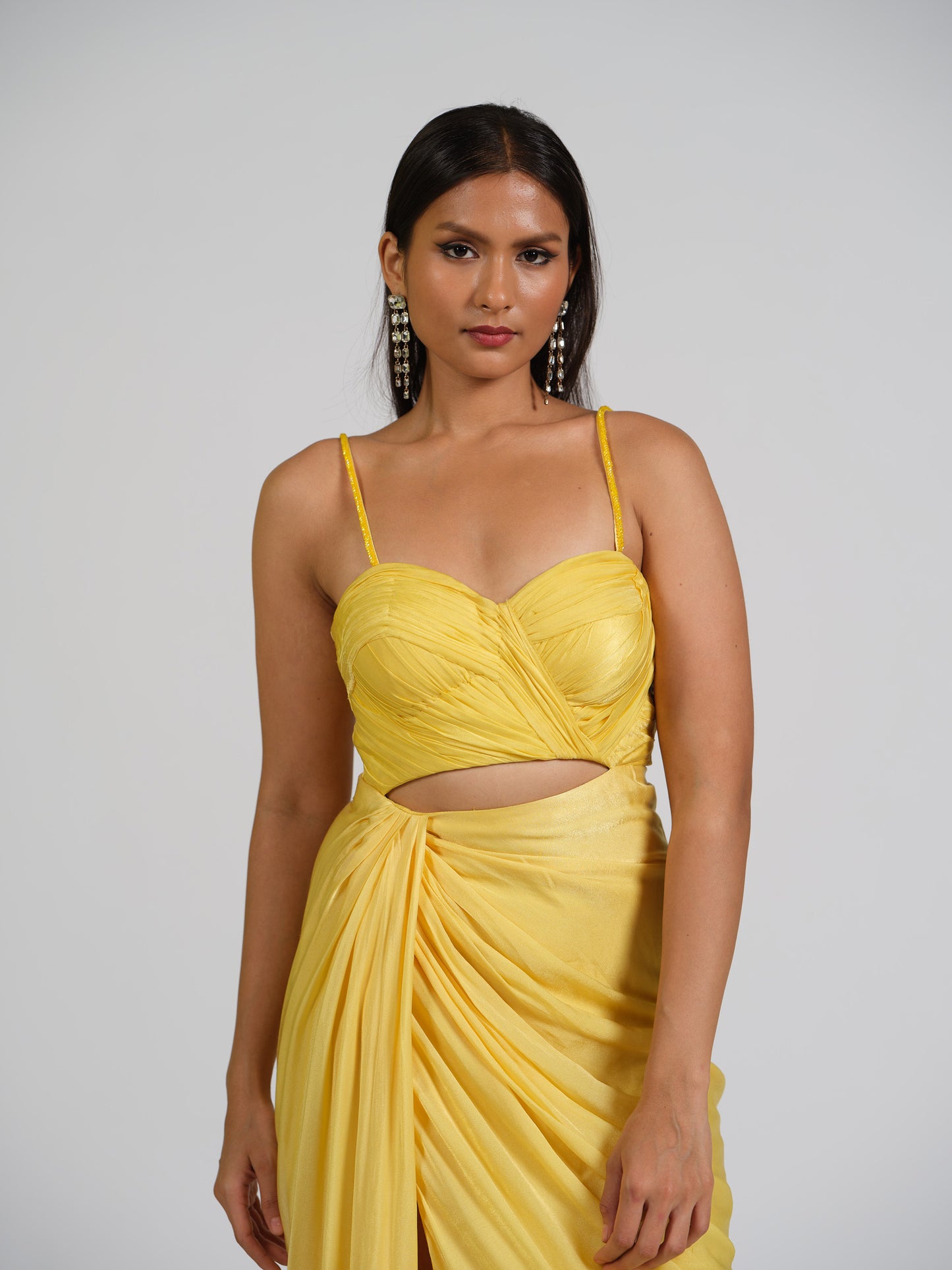 Queenpin Yellow Drape Gown With Draped Bustier And Side Drape Bottom