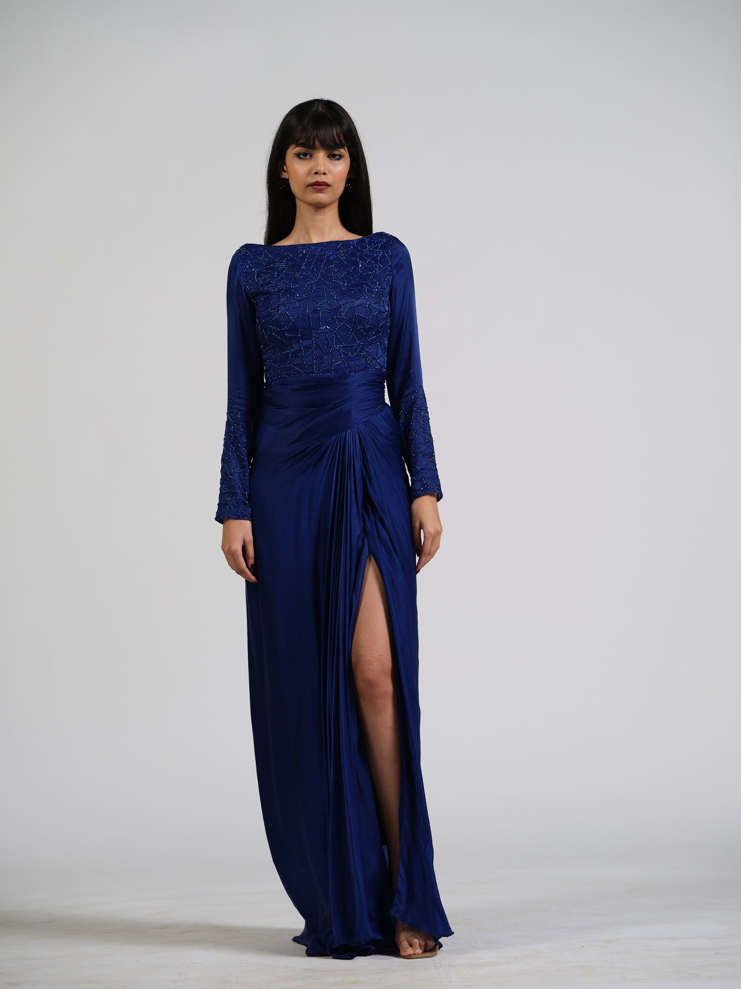 Claire Flush Blue Drape Gown With Full Sleeves And Back Detailing