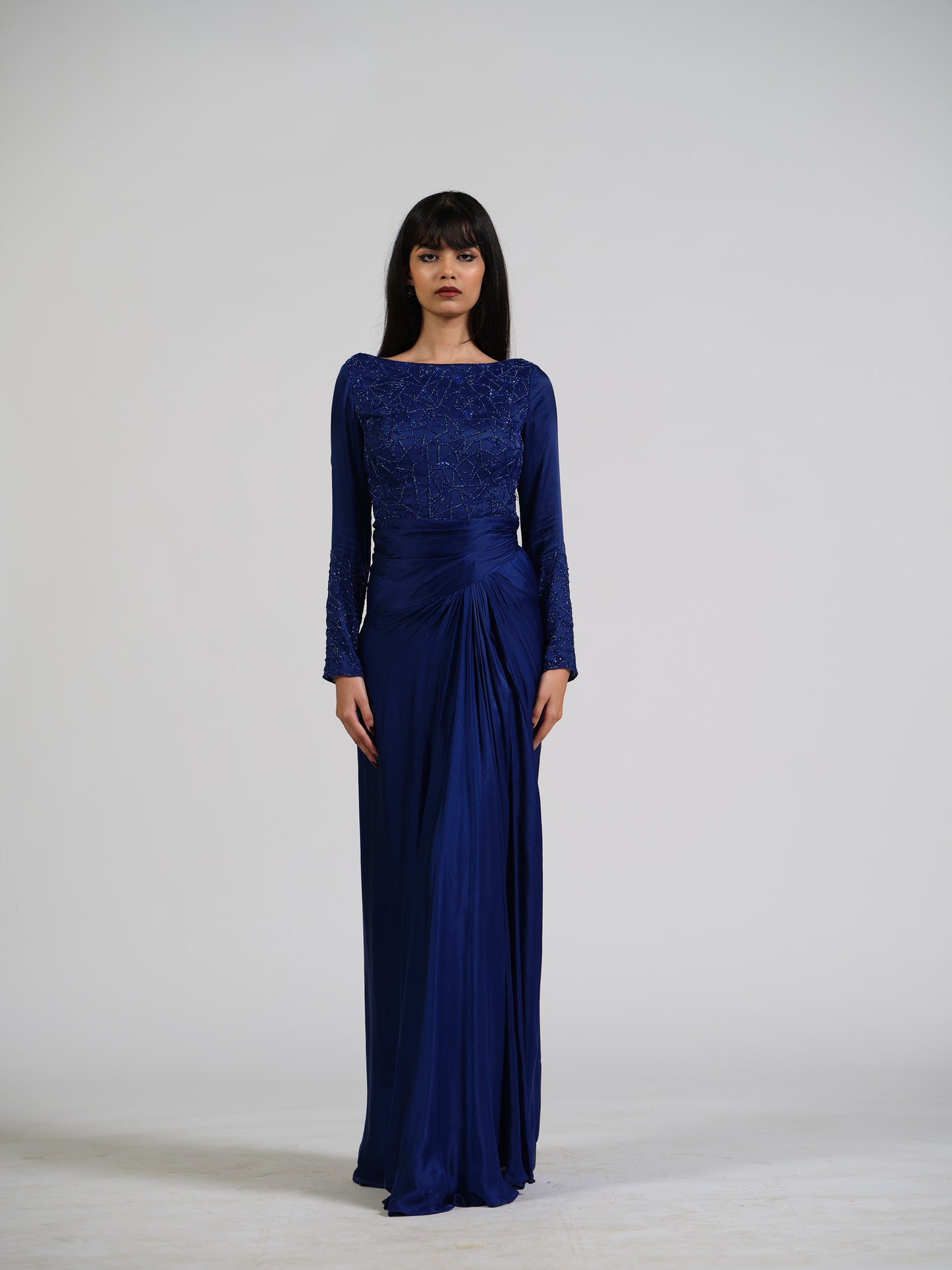Claire Flush Blue Drape Gown With Full Sleeves And Back Detailing