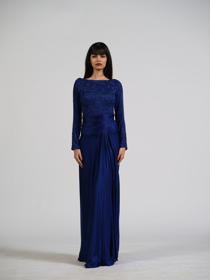 Claire Flush Blue Drape Gown With Full Sleeves And Back Detailing