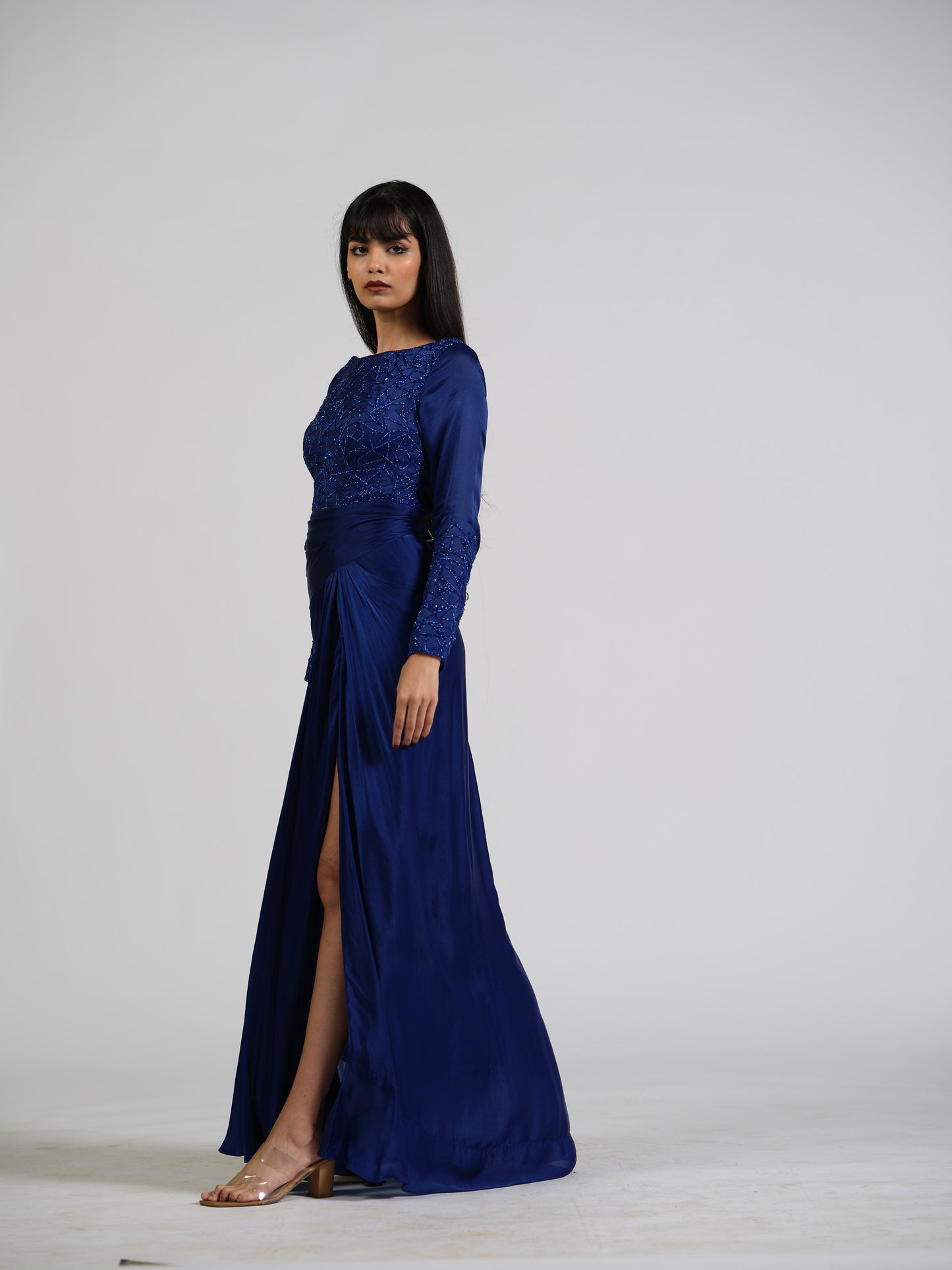 Claire Flush Blue Drape Gown With Full Sleeves And Back Detailing