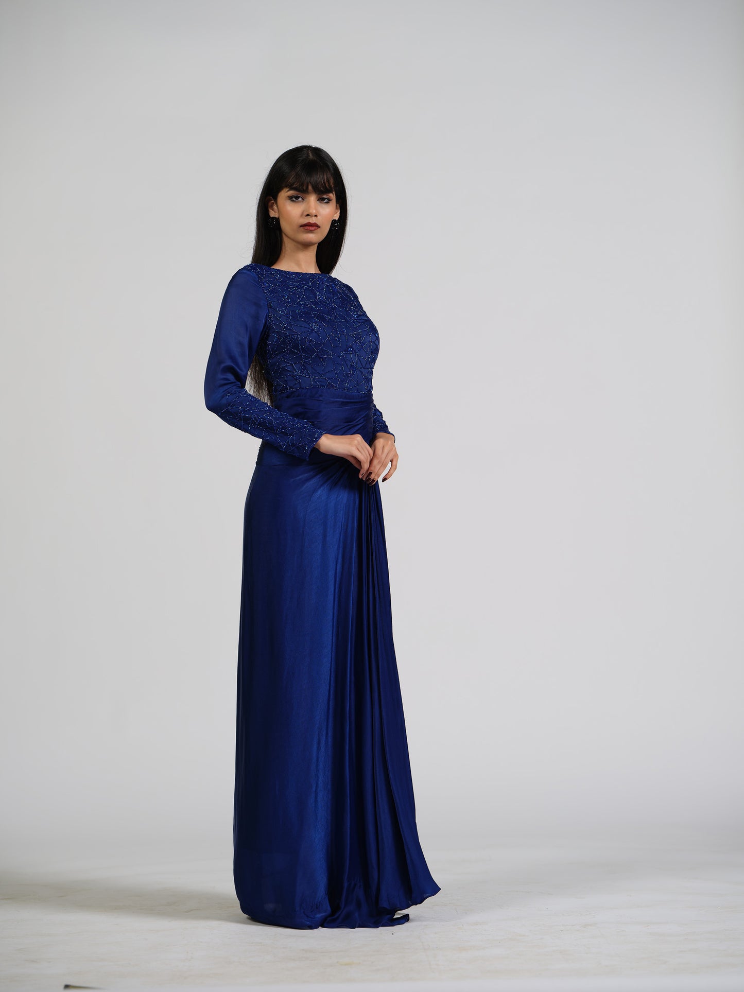 Claire Flush Blue Drape Gown With Full Sleeves And Back Detailing