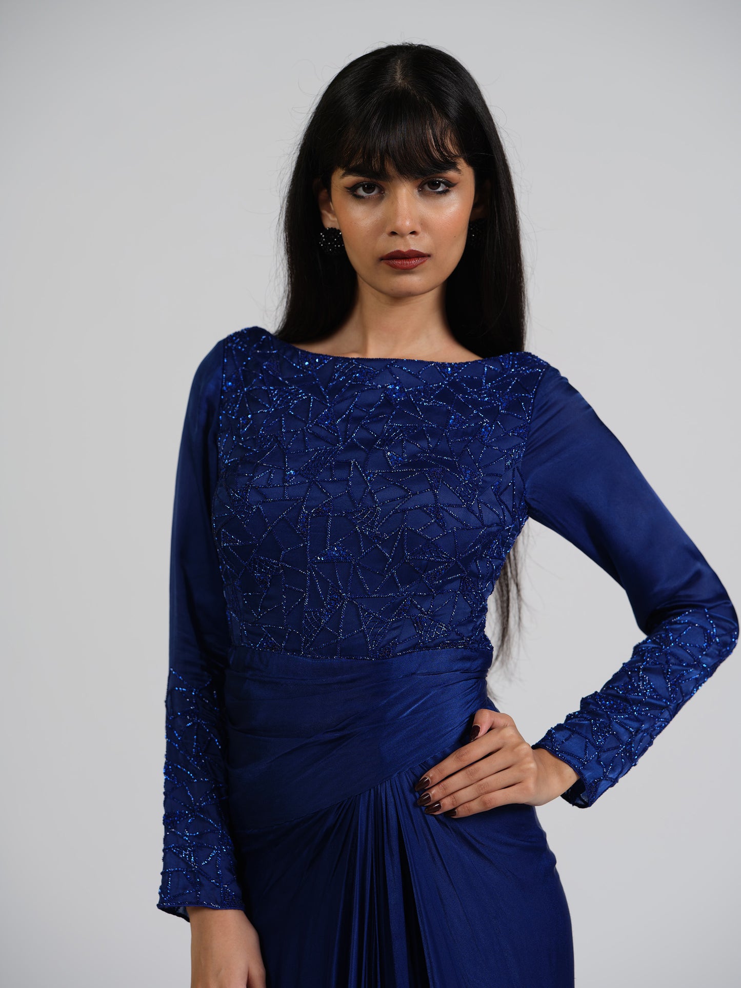 Claire Flush Blue Drape Gown With Full Sleeves And Back Detailing