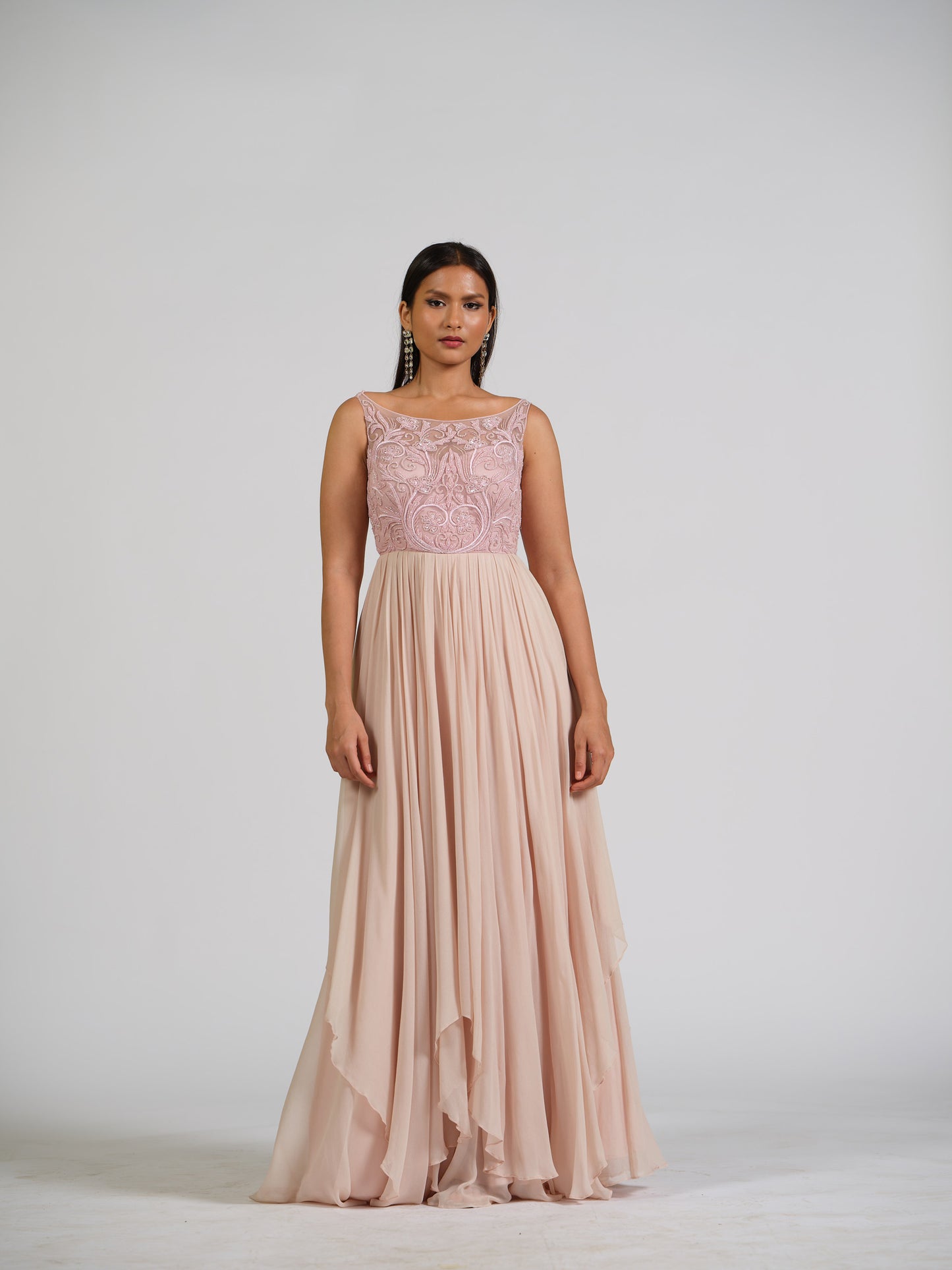 Sandra Pink Boat Neck Embroided Flared Gown