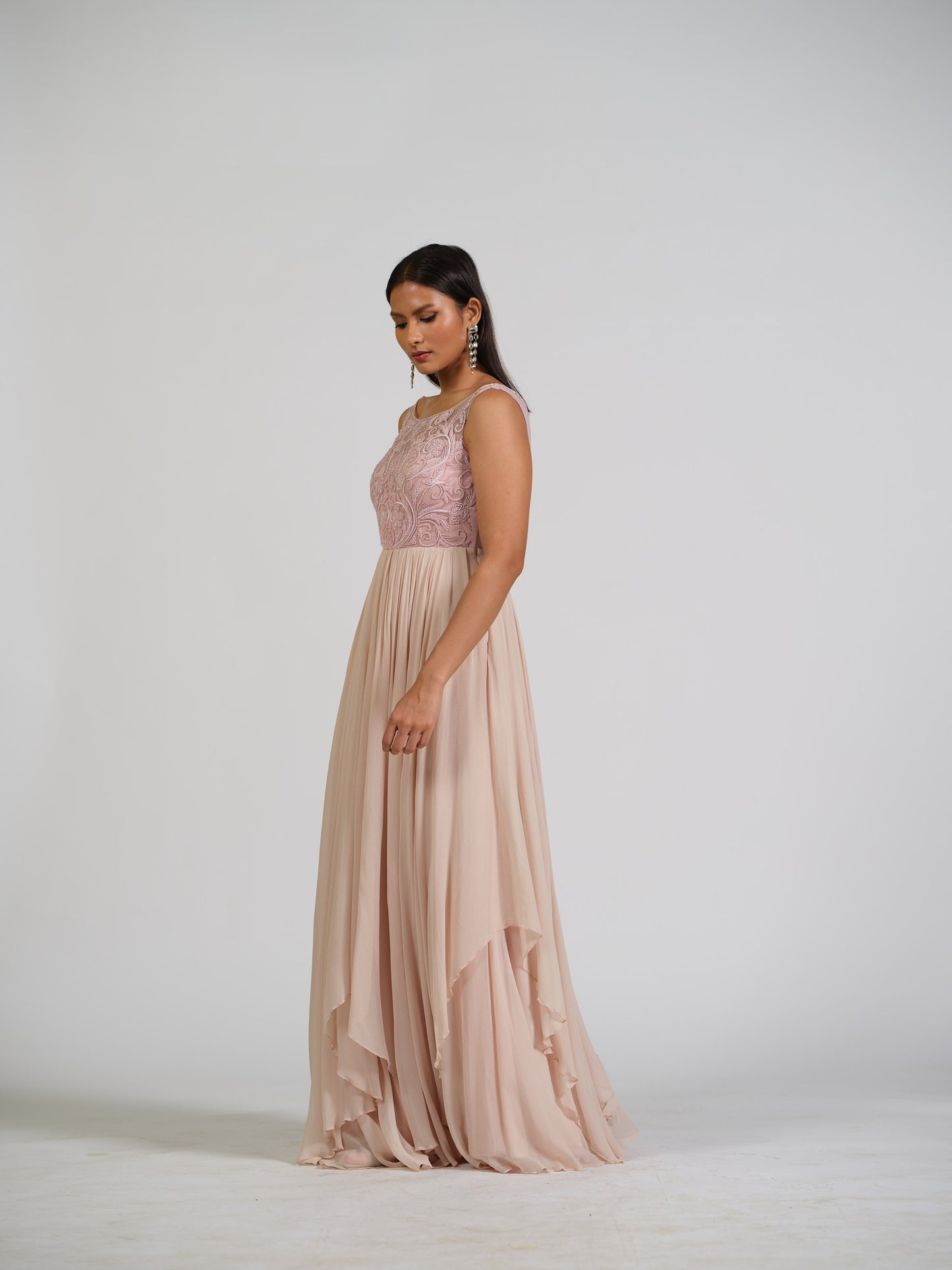 Sandra Pink Boat Neck Embroided Flared Gown
