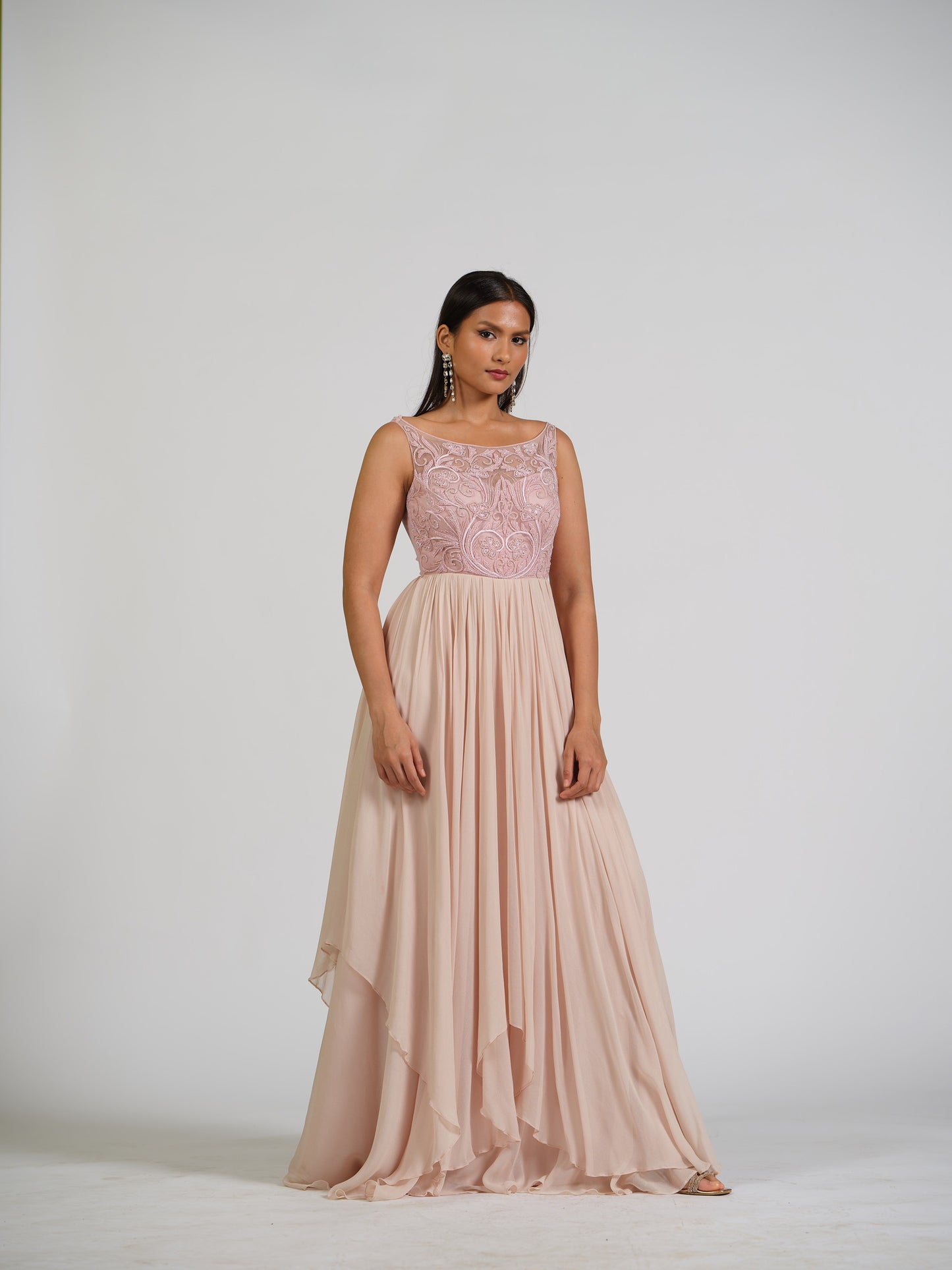 Sandra Pink Boat Neck Embroided Flared Gown