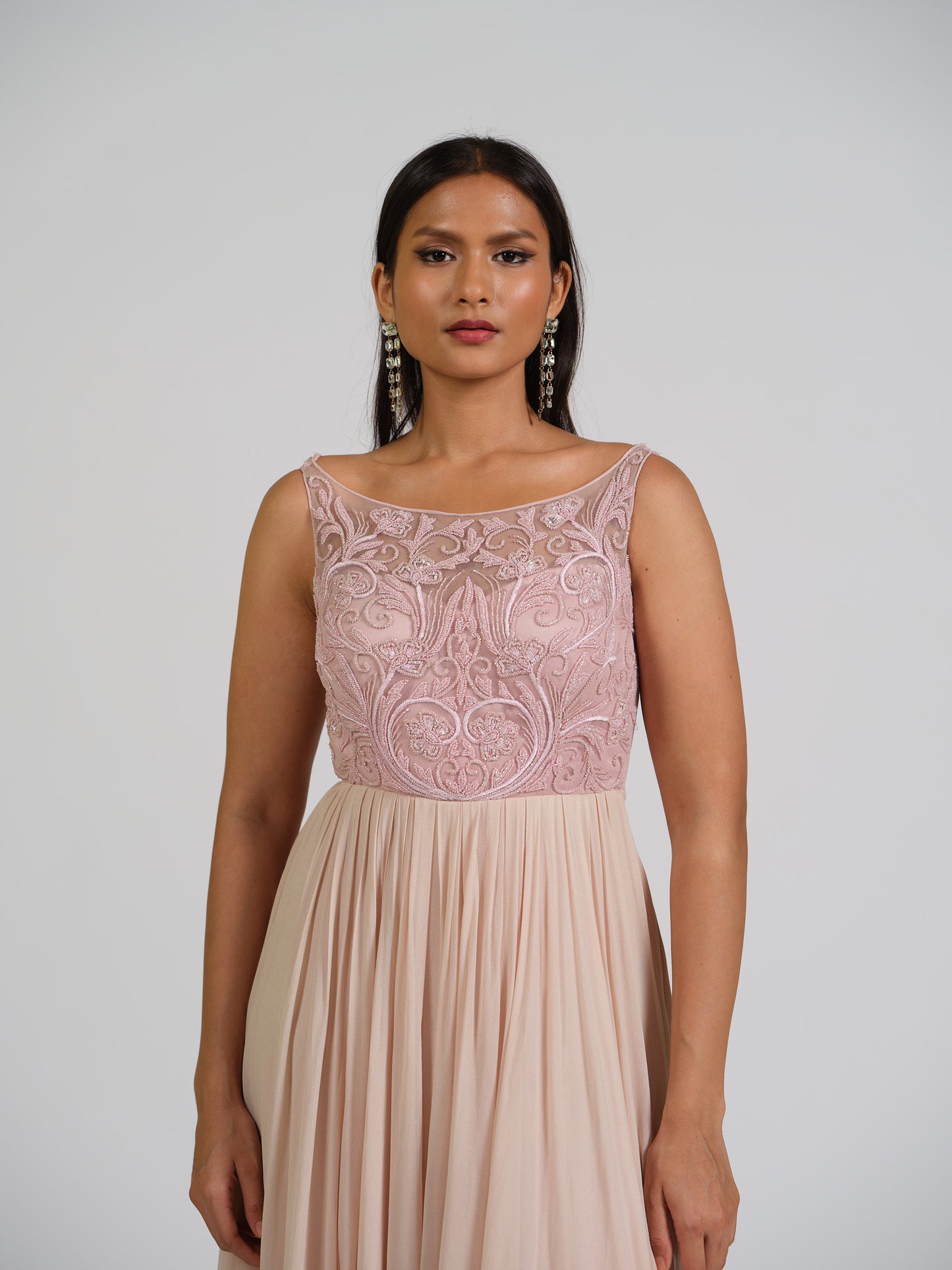 Sandra Pink Boat Neck Embroided Flared Gown