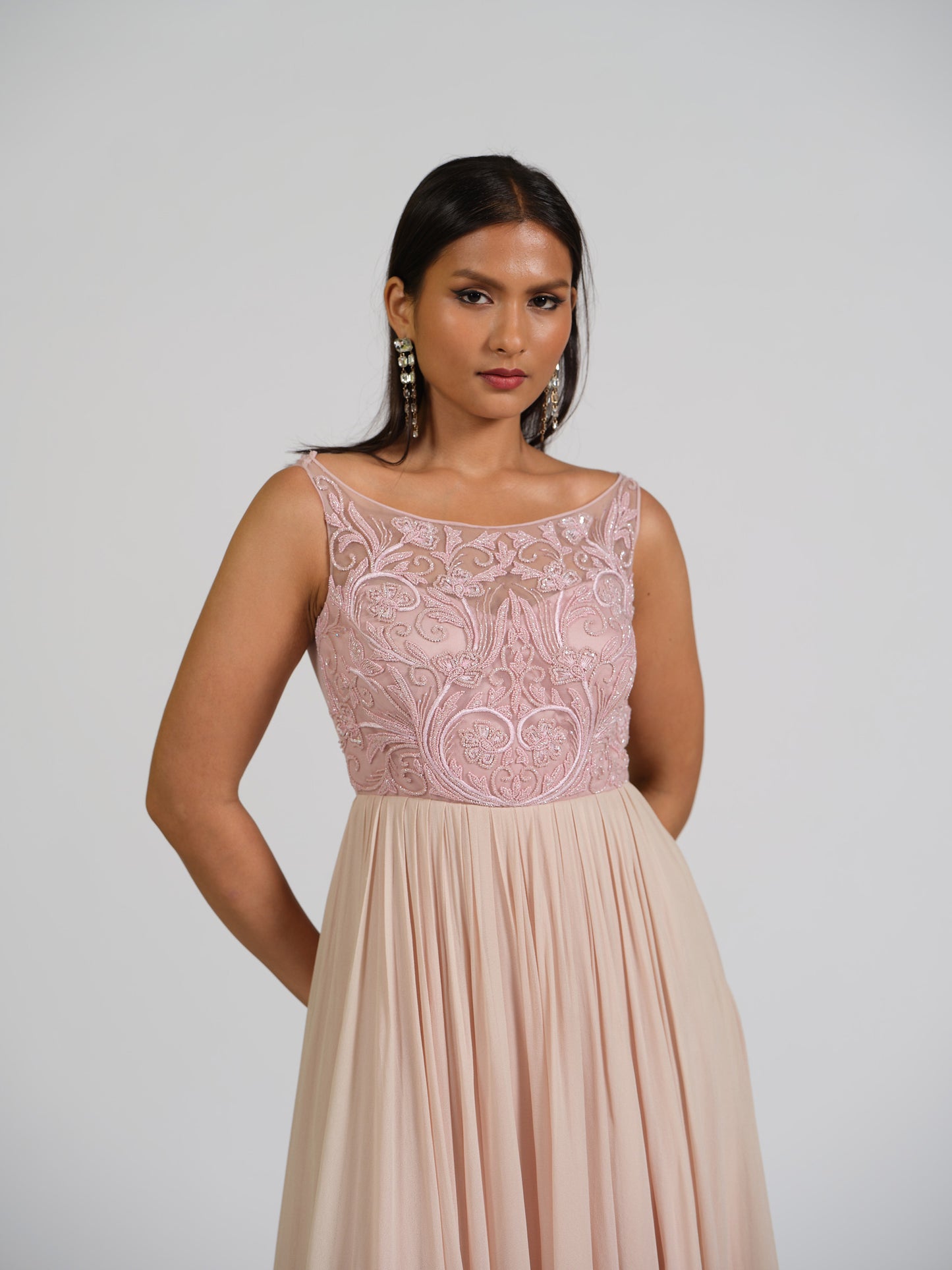Sandra Pink Boat Neck Embroided Flared Gown