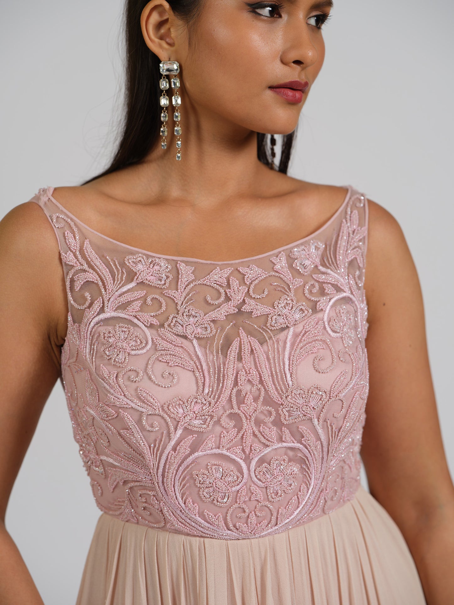 Sandra Pink Boat Neck Embroided Flared Gown
