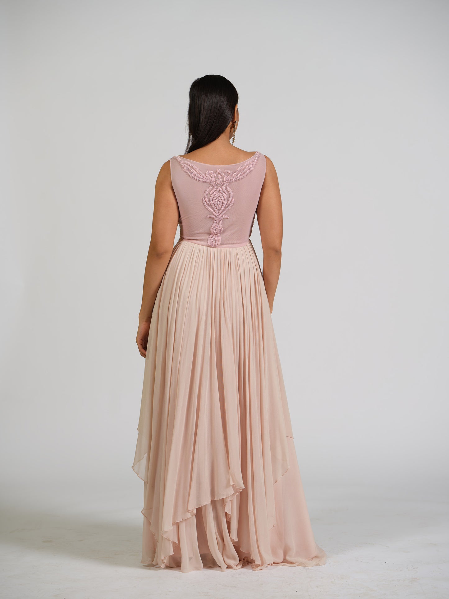 Sandra Pink Boat Neck Embroided Flared Gown