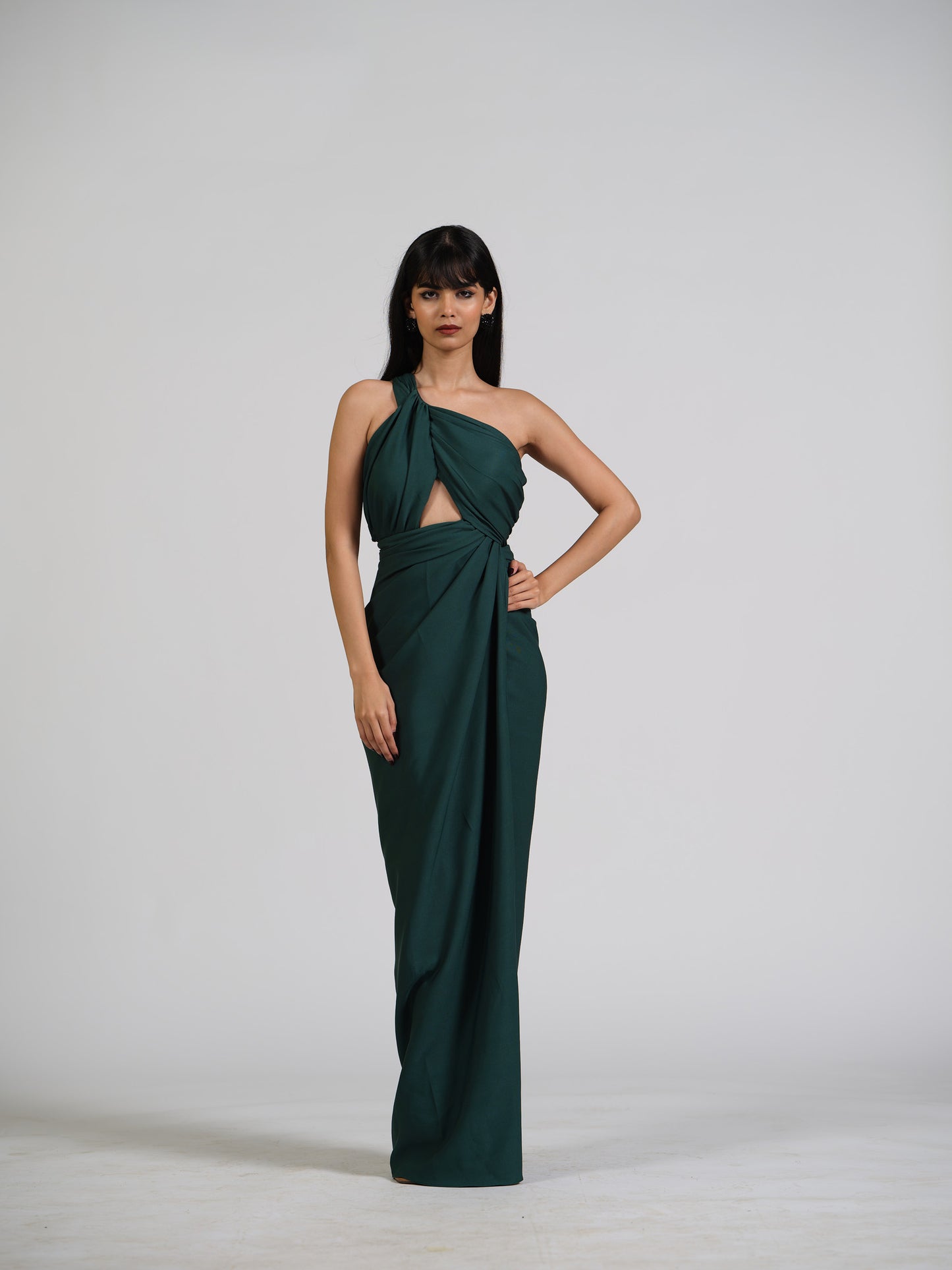 Voila Green Drape Gown With Center Cut Detailing In The Bustier