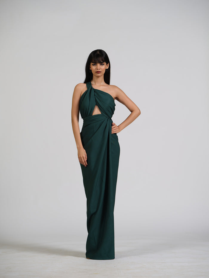 Voila Green Drape Gown With Center Cut Detailing In The Bustier