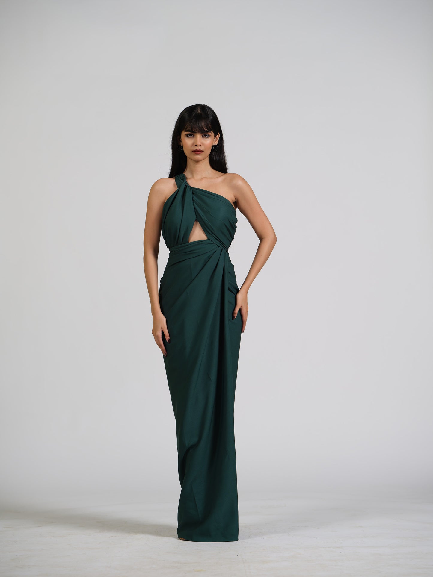 Voila Green Drape Gown With Center Cut Detailing In The Bustier