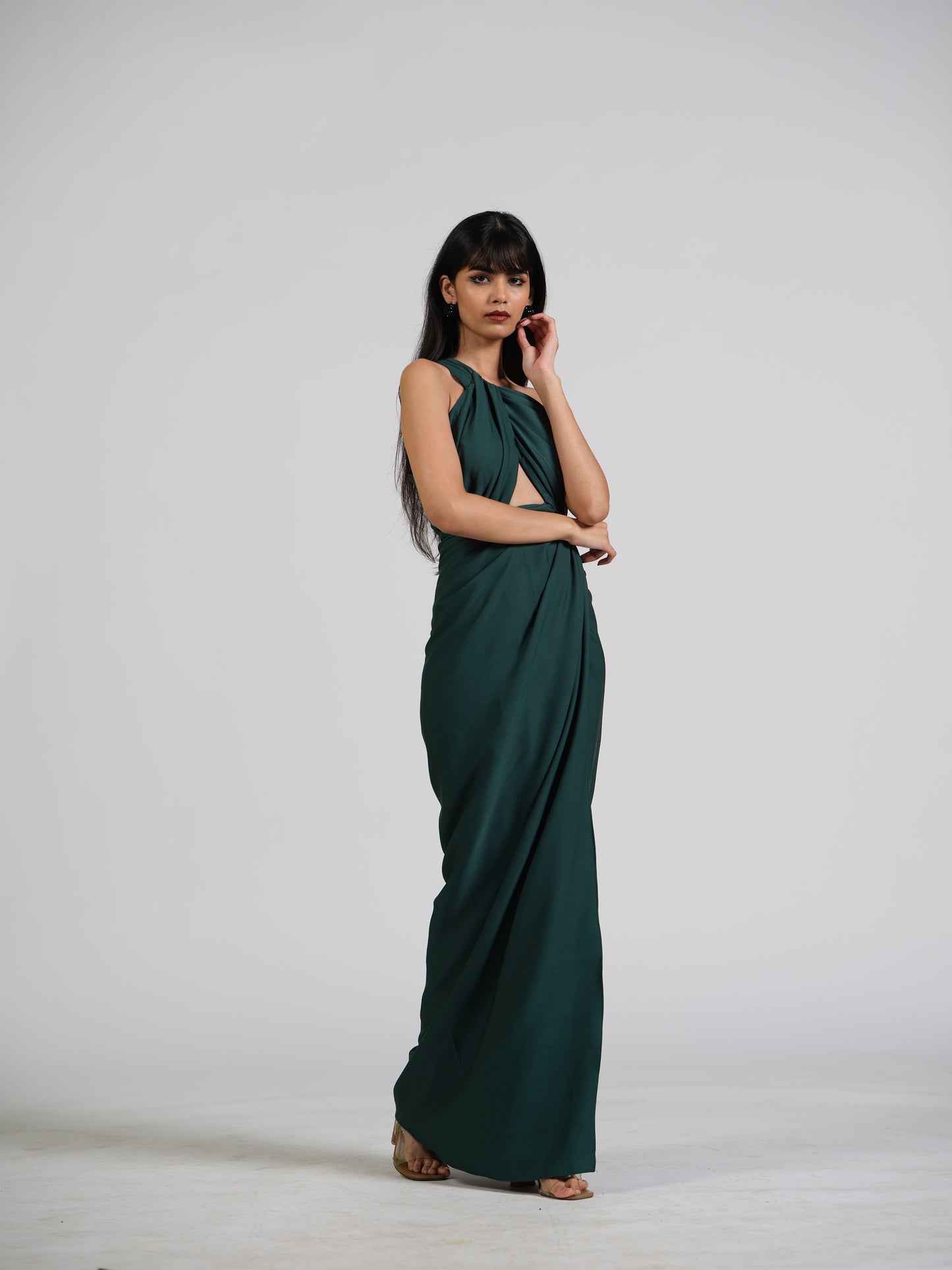 Voila Green Drape Gown With Center Cut Detailing In The Bustier