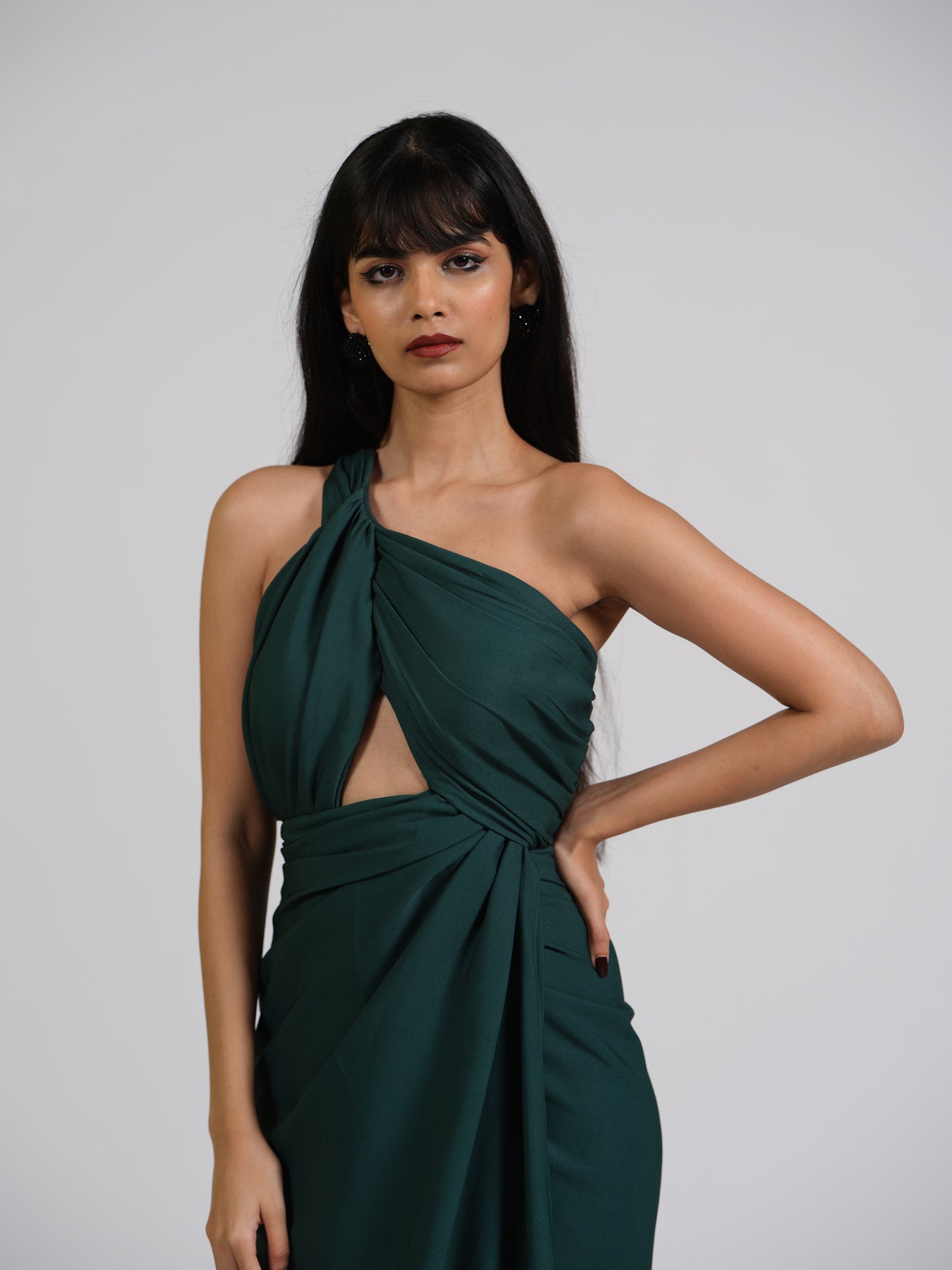 Voila Green Drape Gown With Center Cut Detailing In The Bustier