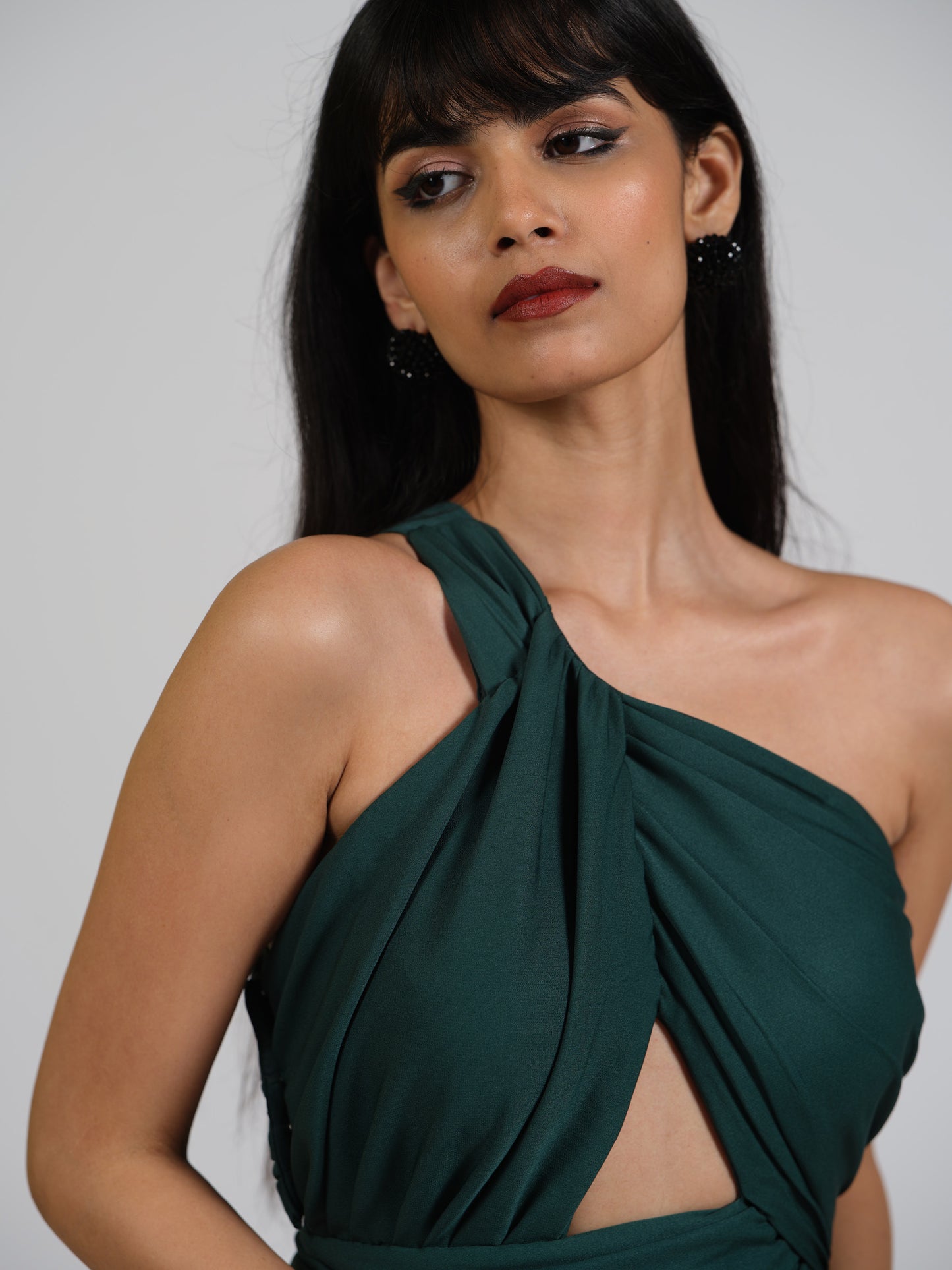 Voila Green Drape Gown With Center Cut Detailing In The Bustier