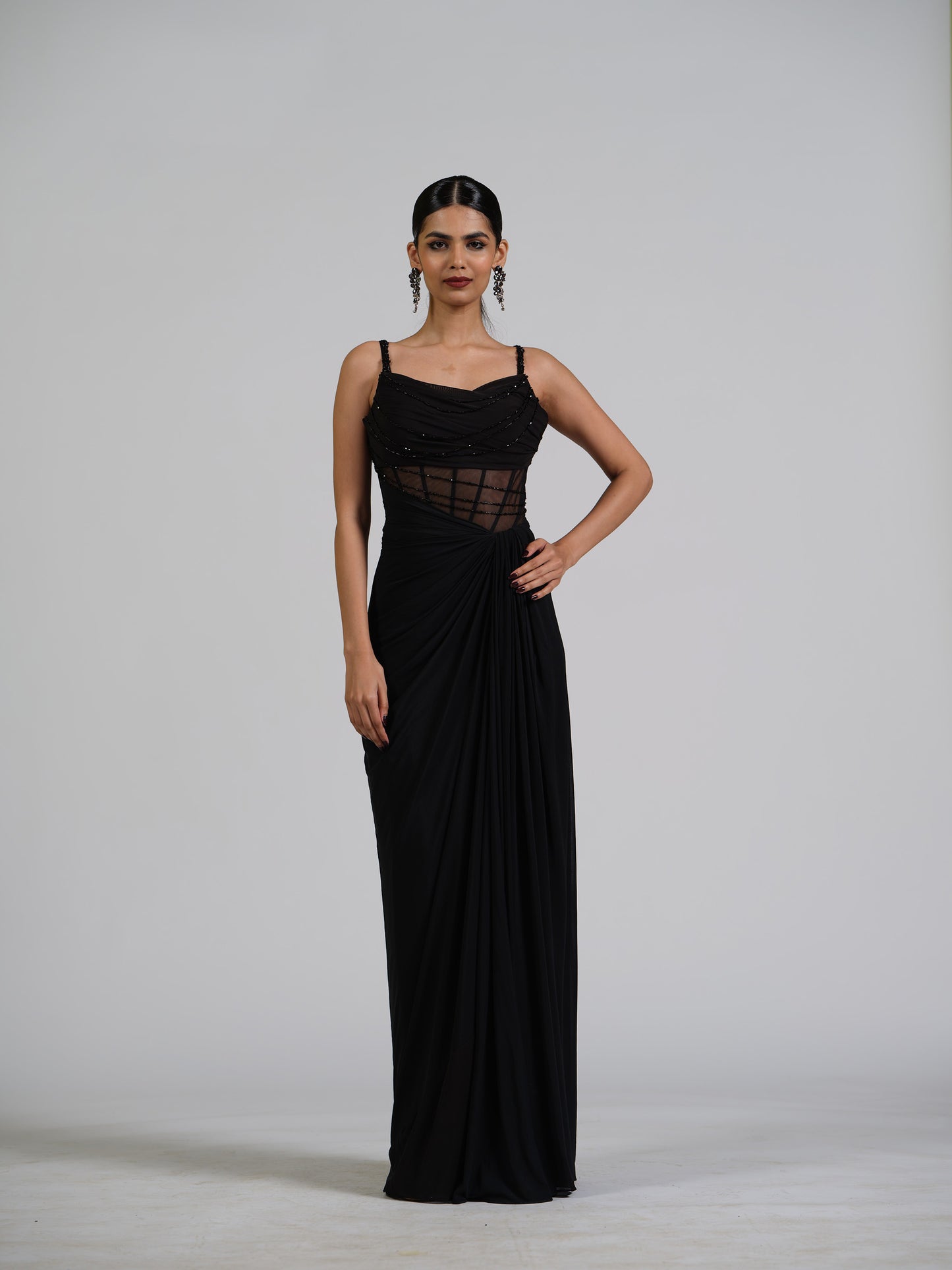 Marquise Black Corset Drape Gown With Falling Crystals On Bustier With Side Drape