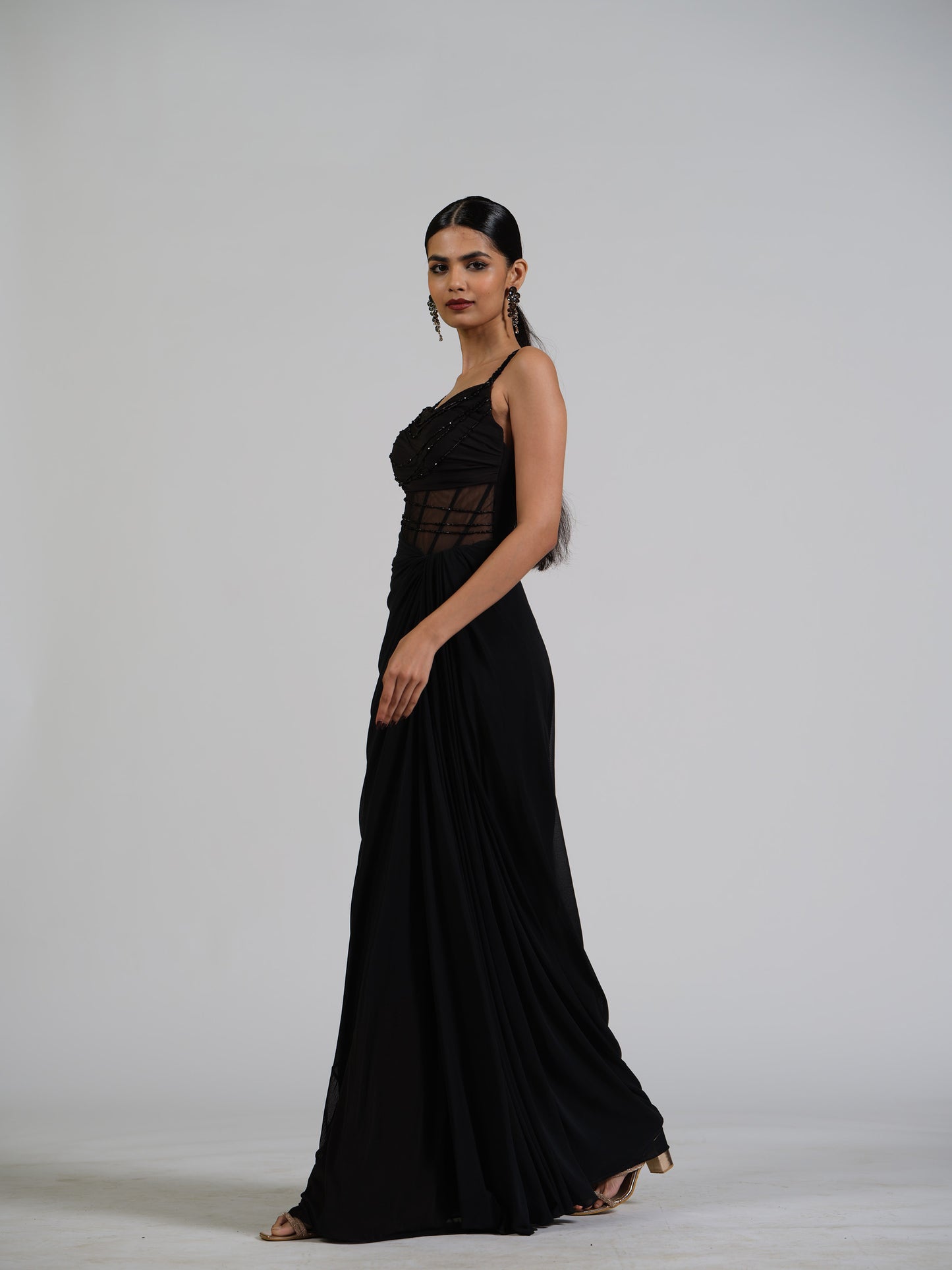 Marquise Black Corset Drape Gown With Falling Crystals On Bustier With Side Drape