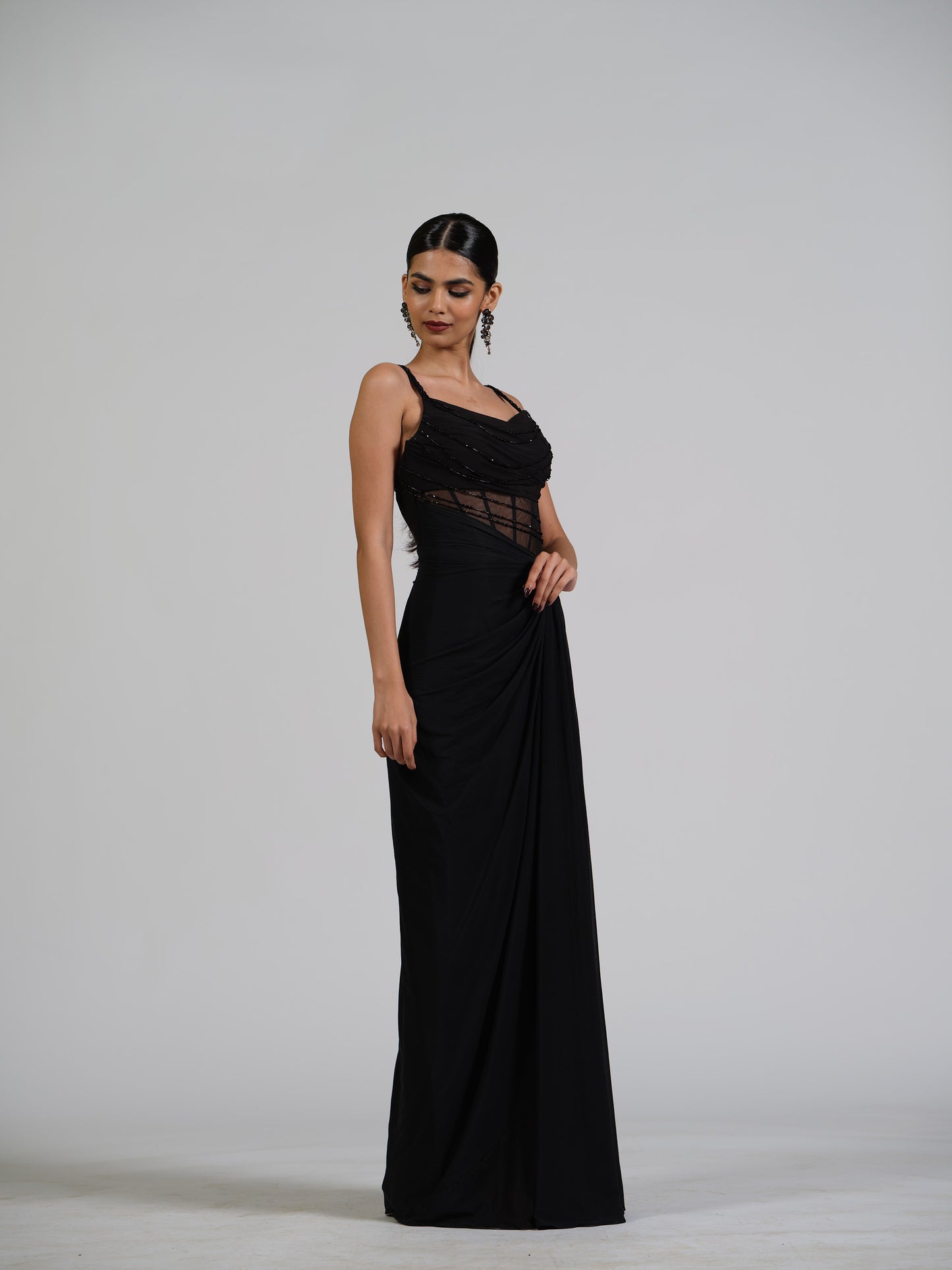 Marquise Black Corset Drape Gown With Falling Crystals On Bustier With Side Drape