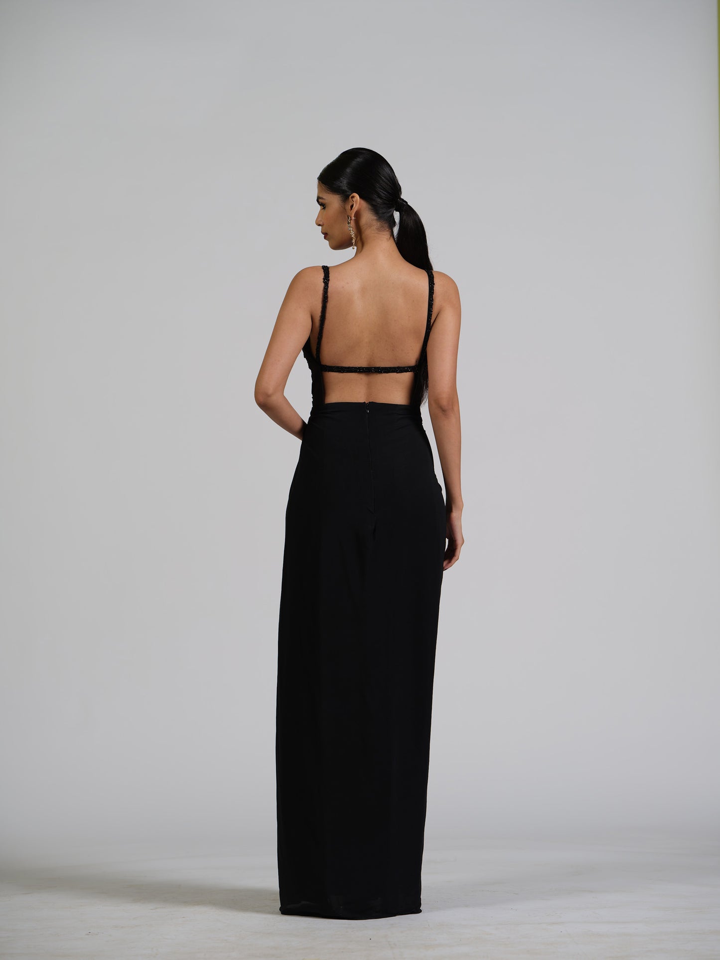 Marquise Black Corset Drape Gown With Falling Crystals On Bustier With Side Drape