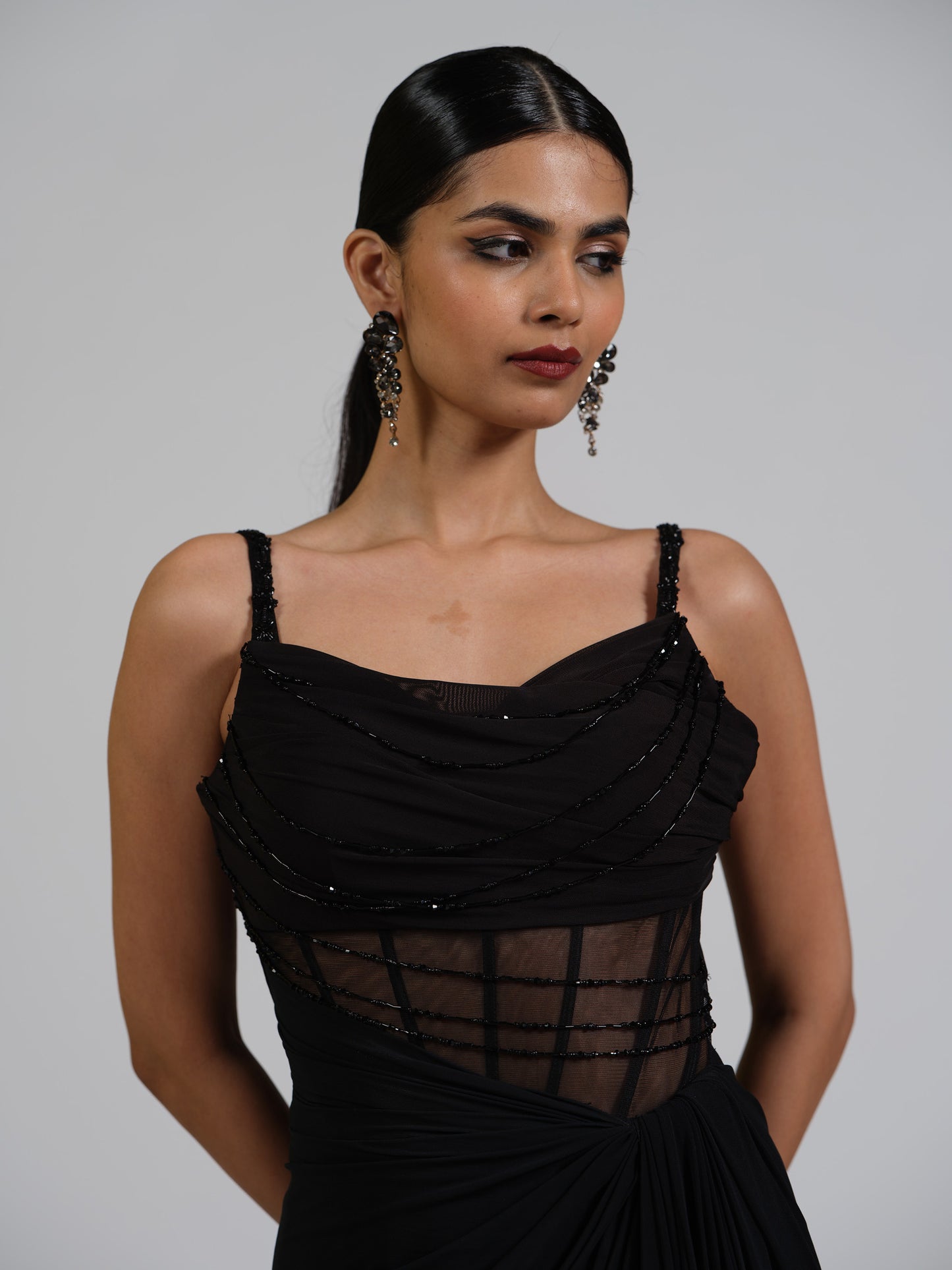 Marquise Black Corset Drape Gown With Falling Crystals On Bustier With Side Drape