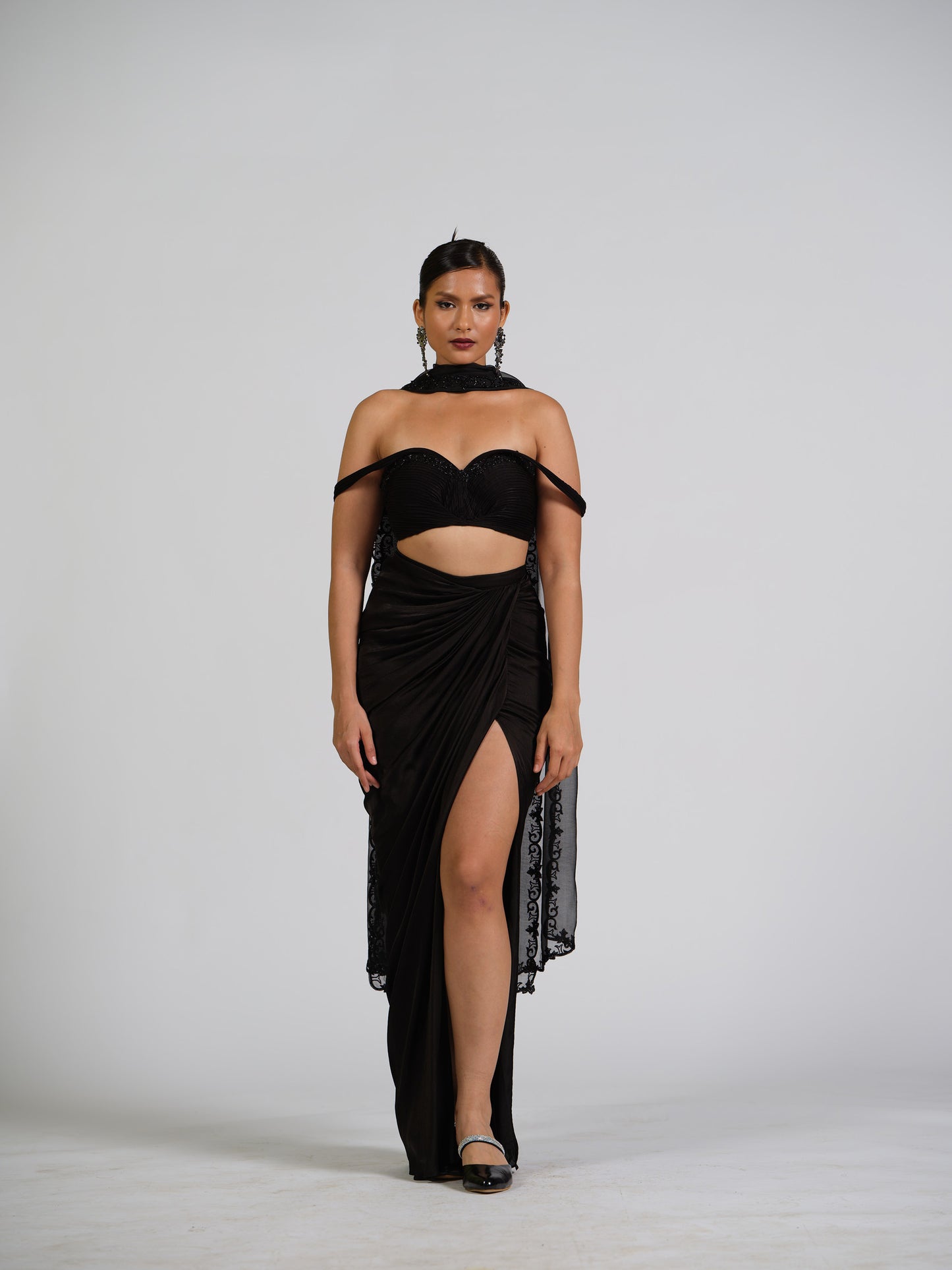 Dame Drape Top & Drape Skirt Set With Embellished Organza Dupatta