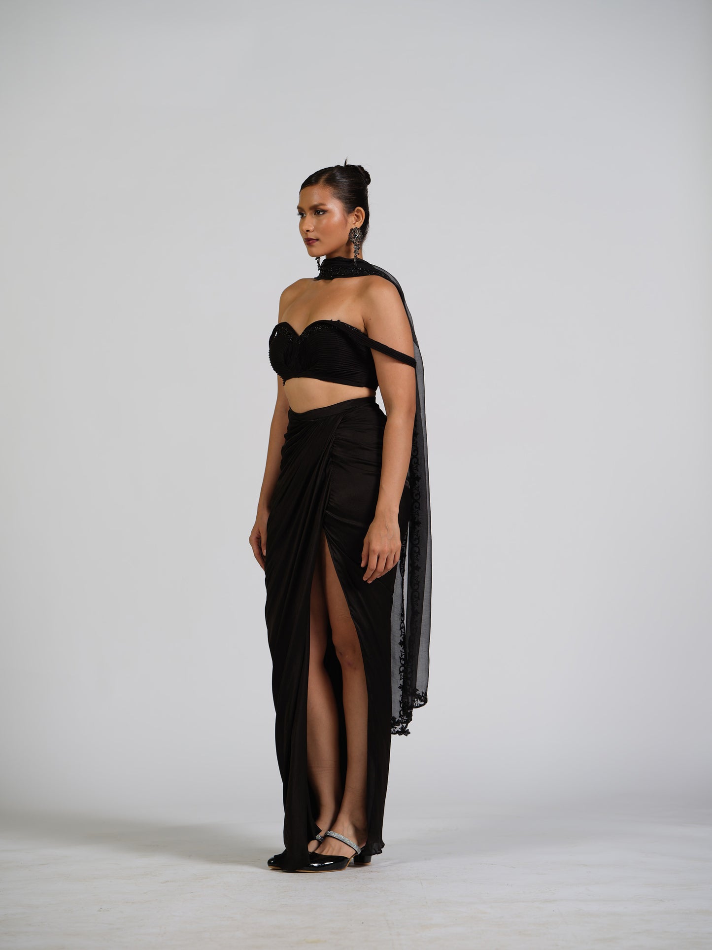 Dame Drape Top & Drape Skirt Set With Embellished Organza Dupatta
