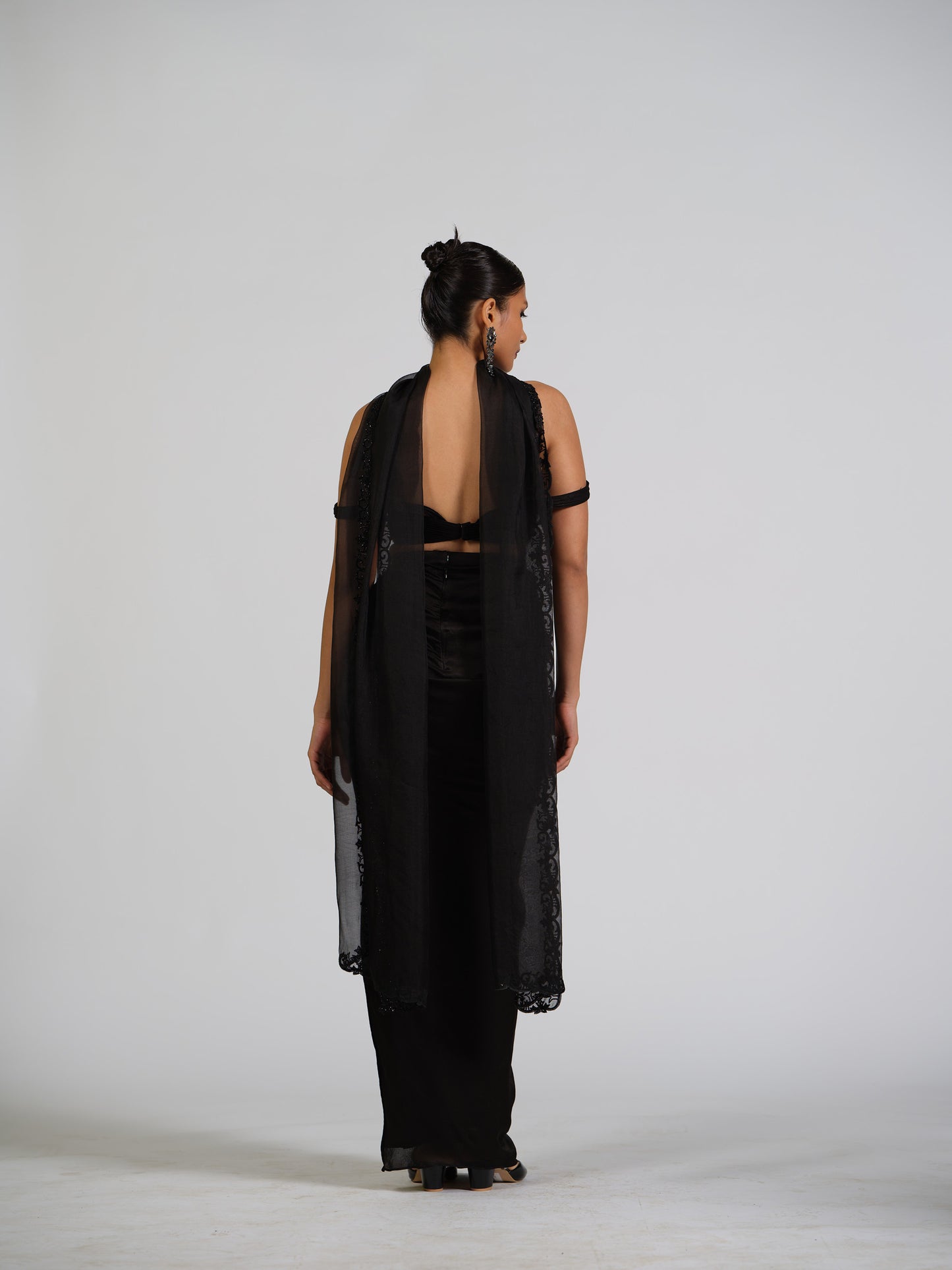 Dame Drape Top & Drape Skirt Set With Embellished Organza Dupatta