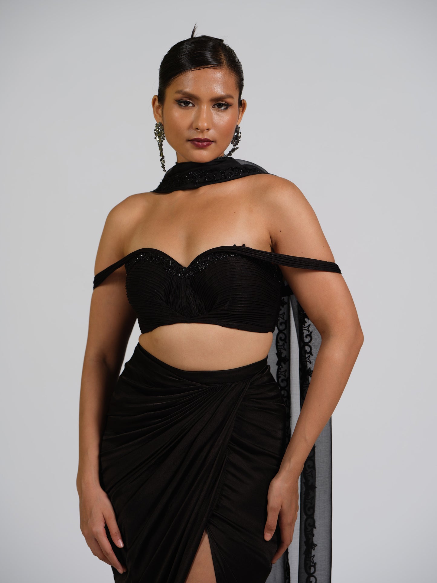 Dame Drape Top & Drape Skirt Set With Embellished Organza Dupatta