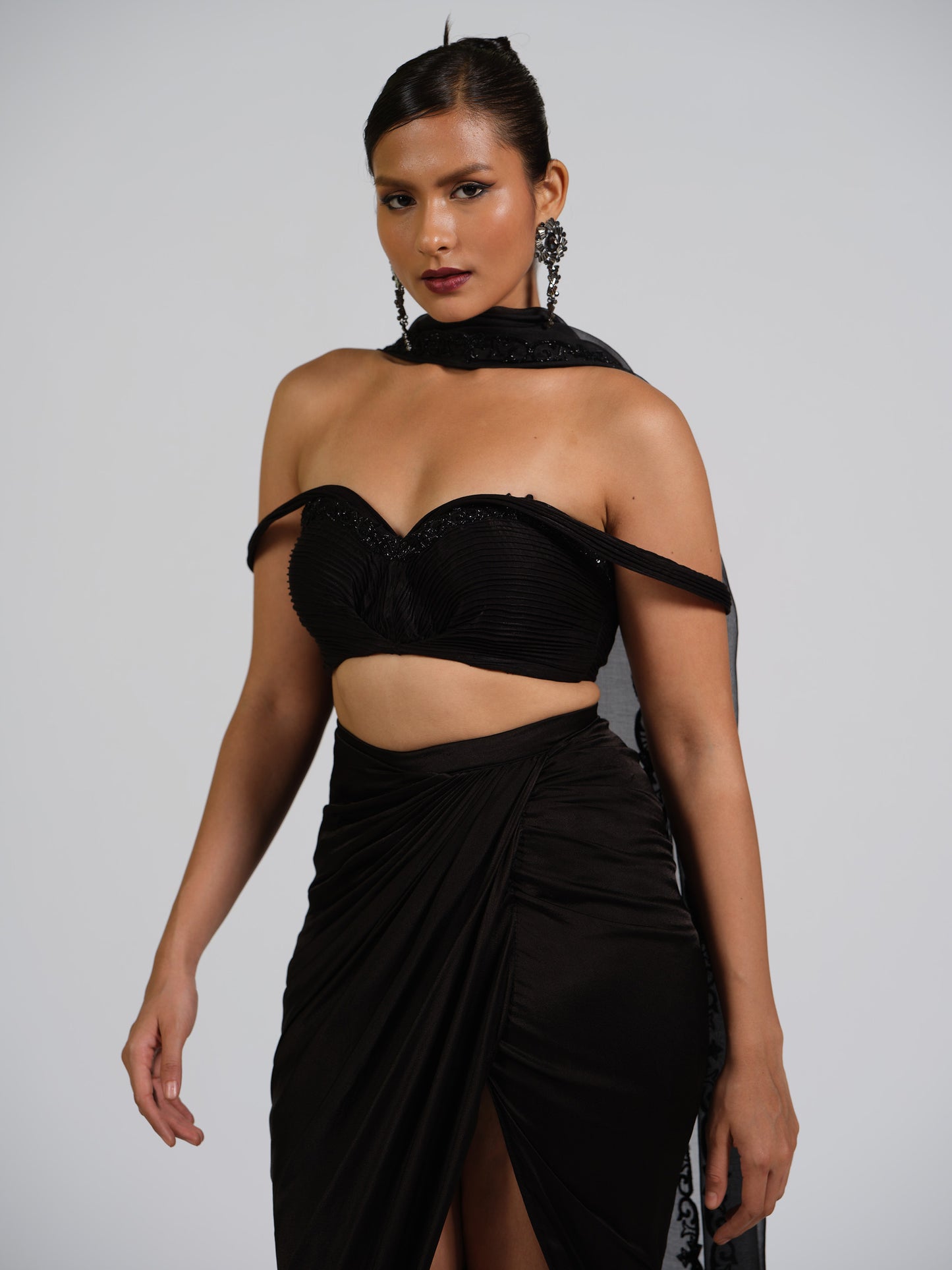Dame Drape Top & Drape Skirt Set With Embellished Organza Dupatta