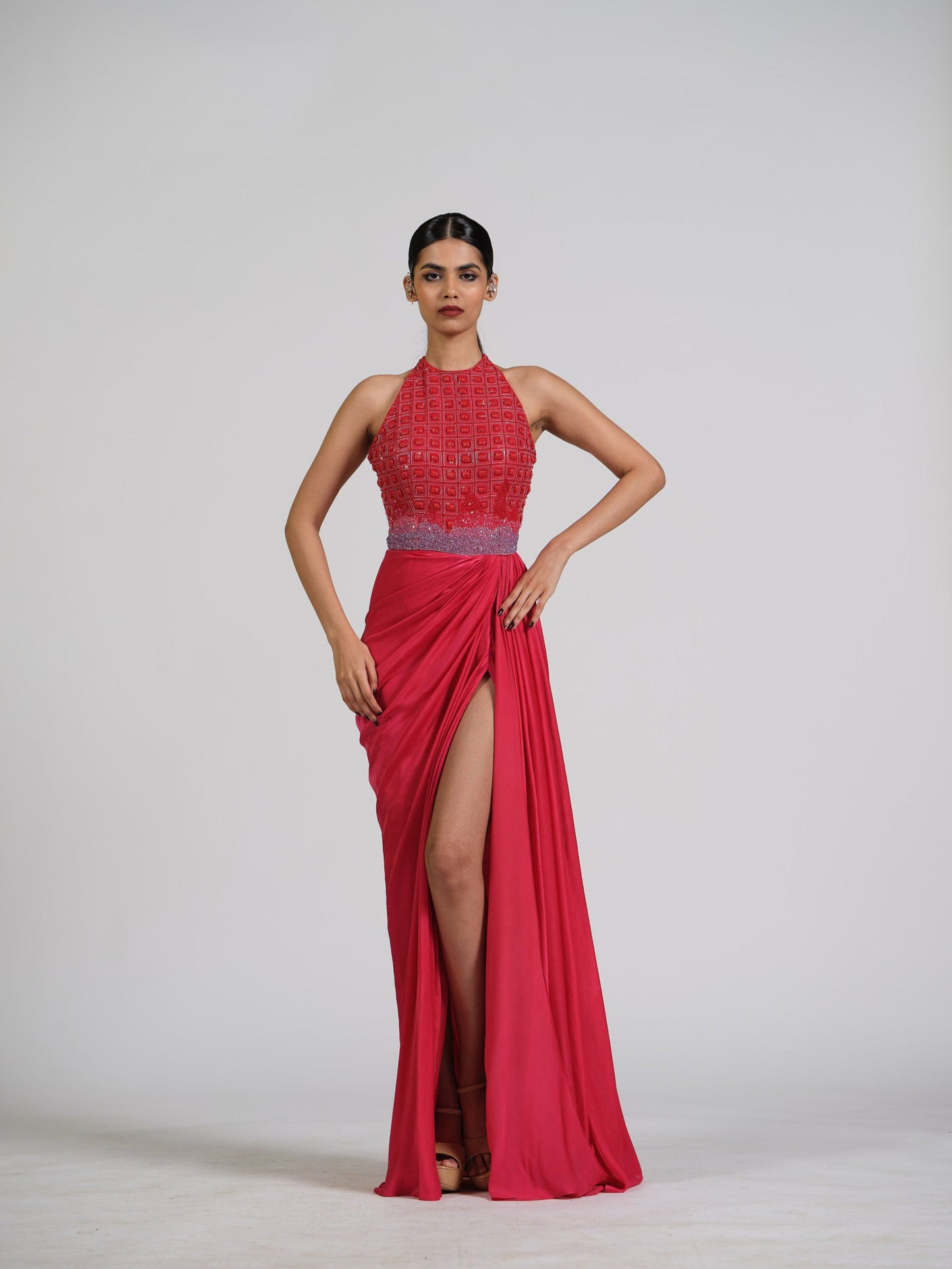 Red Scarlet Drape Gown With Ombre Embroidery