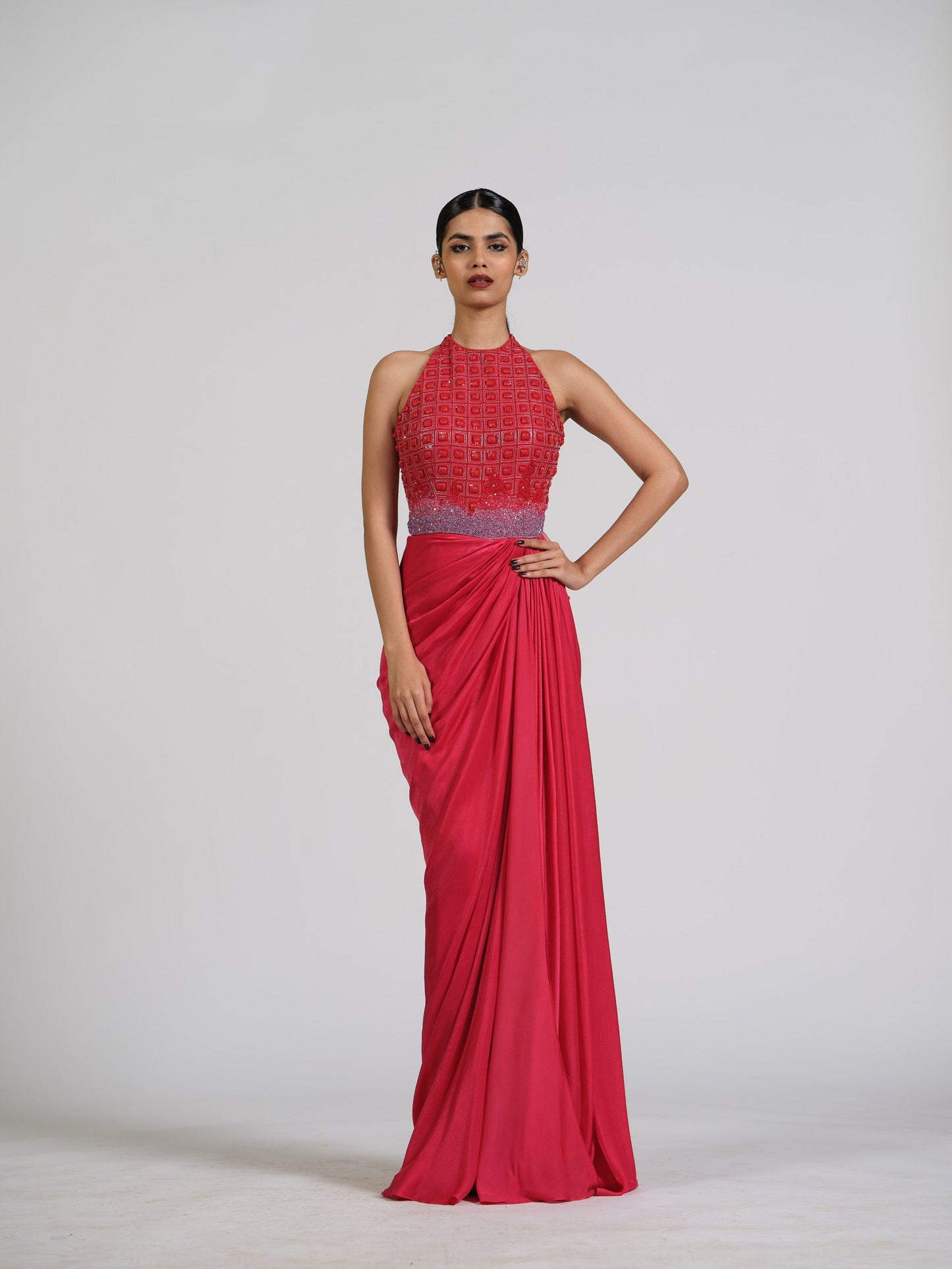 Red Scarlet Drape Gown With Ombre Embroidery