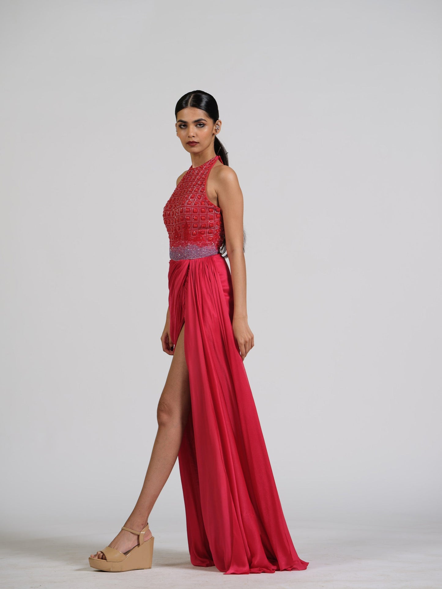 Red Scarlet Drape Gown With Ombre Embroidery