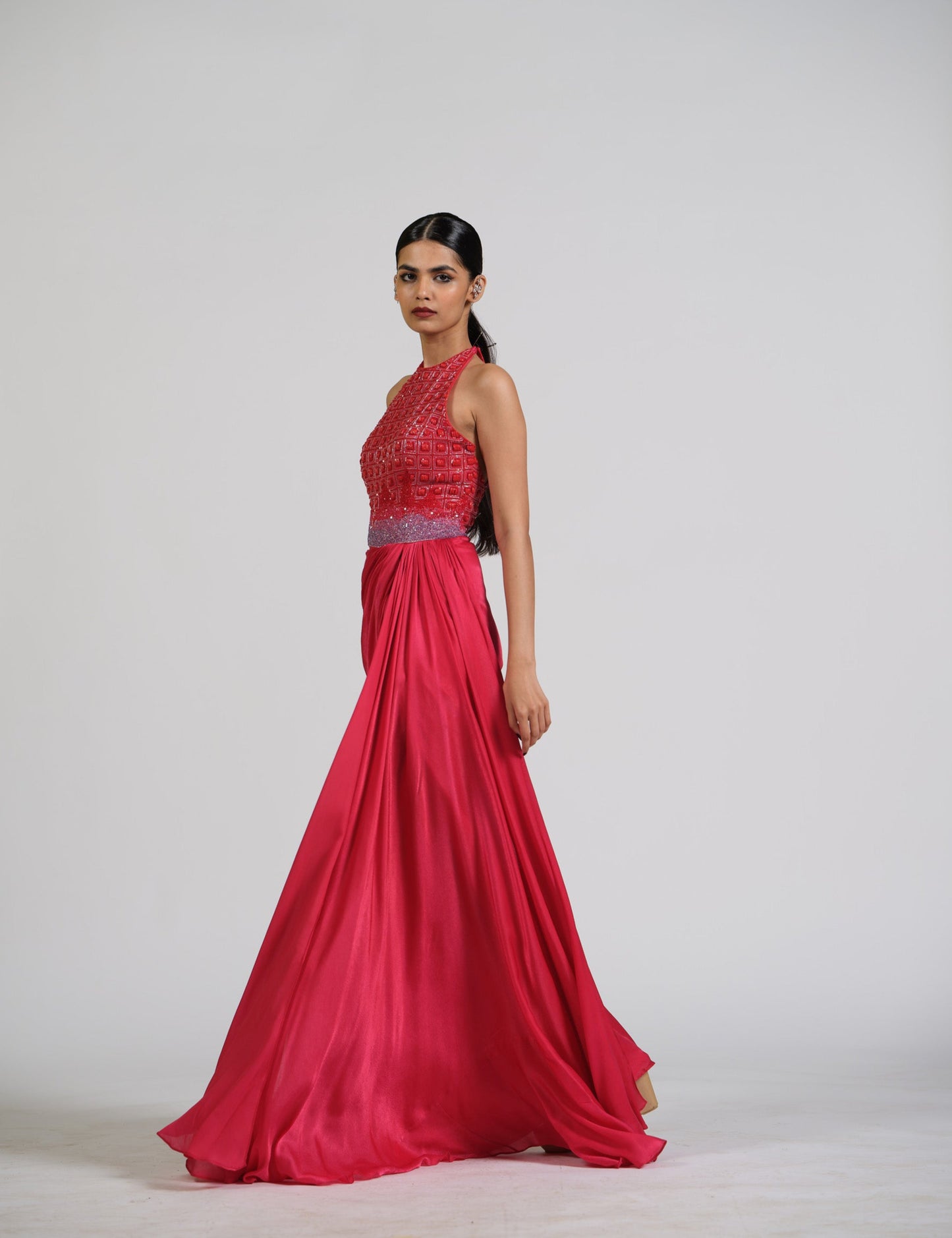 Red Scarlet Drape Gown With Ombre Embroidery