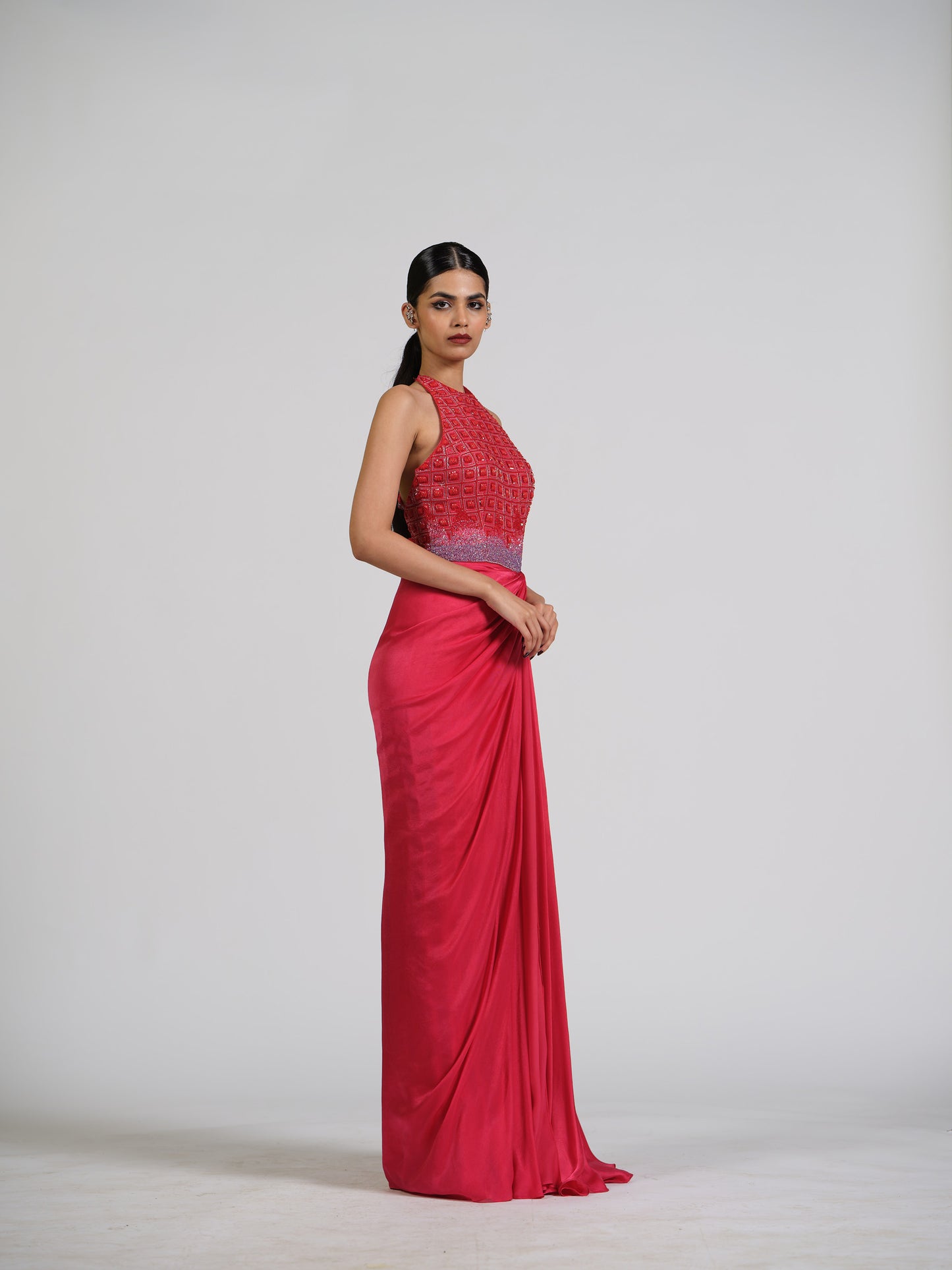 Red Scarlet Drape Gown With Ombre Embroidery