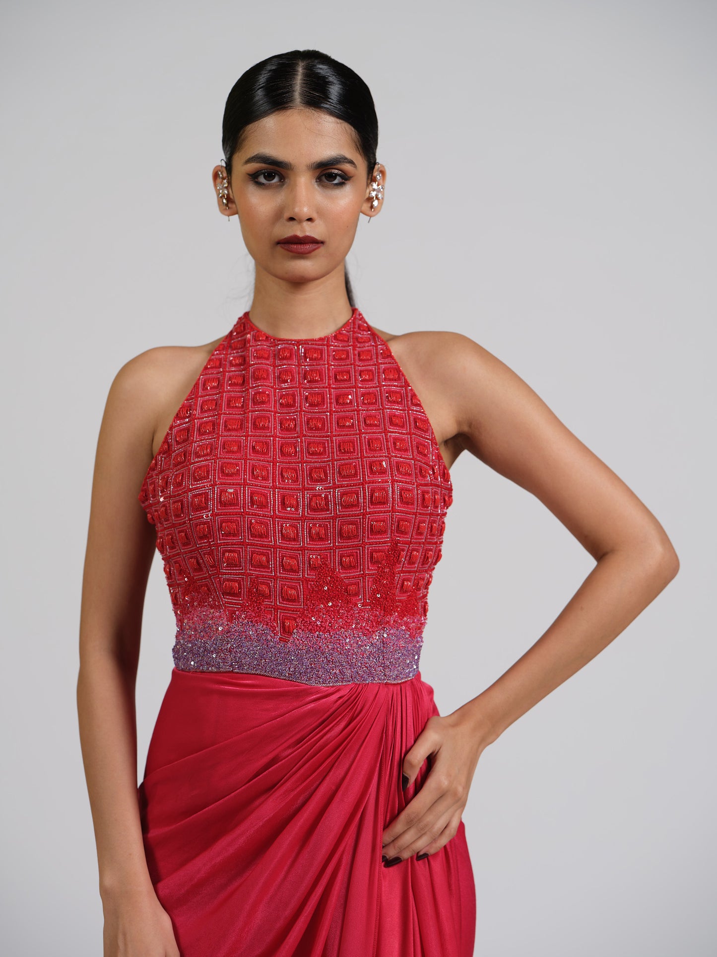 Red Scarlet Drape Gown With Ombre Embroidery